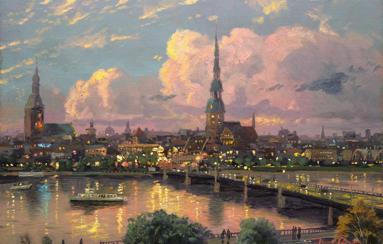 1332x850 Wallpaper sunset, bridge, the city, river, area, Europe, old, painting, spire, medieval, great, Thomas Kinkade, painting, Thomas Kinkade, Riga, Latvia image for desktop, section живопись