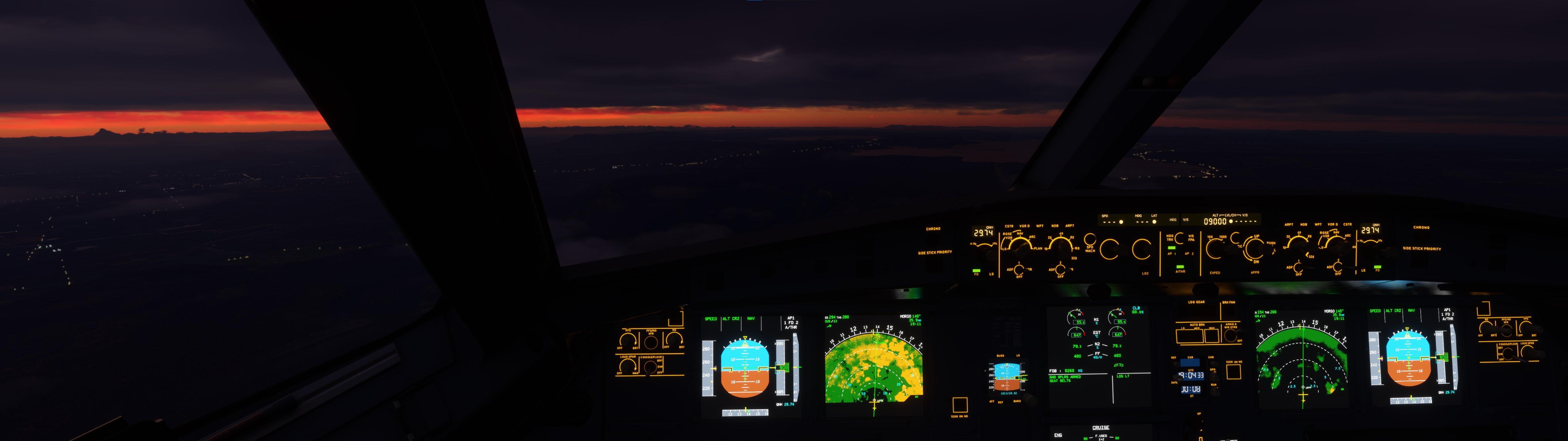 5120x1440 Flight Simulator Flying Airbus A320 Sky Clouds Cockpit Aircraft Airplane Wallpaper:5120x1440