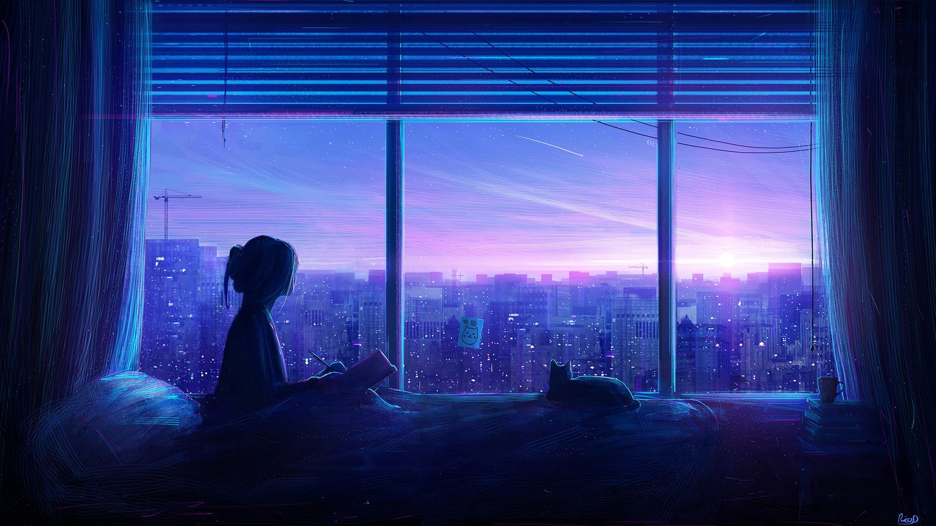 1920x1080 building, sunset, city, window, bed, drawing, digital art, neon, RicoDZ, cityscape HD Wallpaper