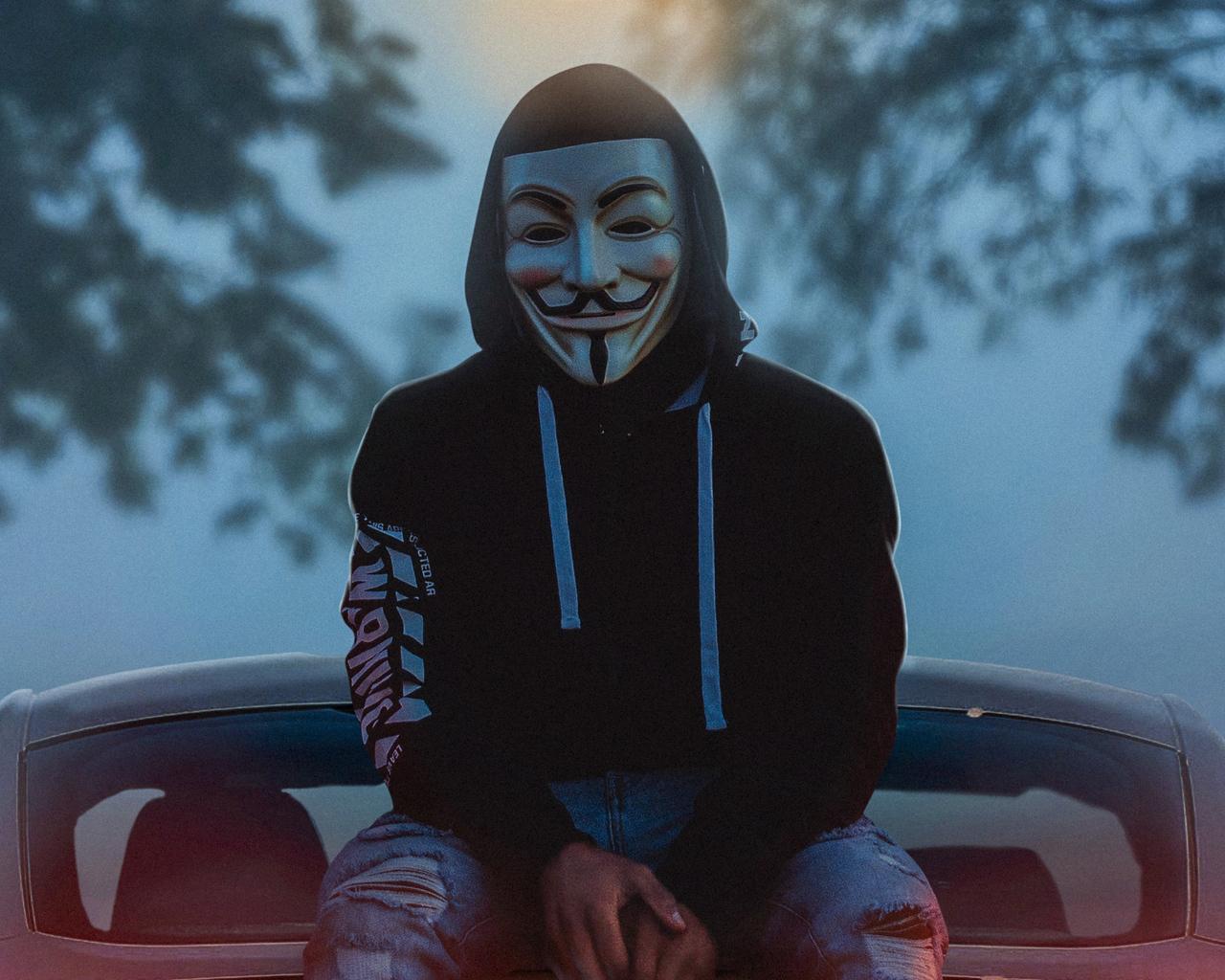 1280x1024 Man Wearing Guy Fawkes Mask While Sitting On Car 4k 1280x1024 Resolution HD 4k Wallpaper, Image, Background, Photo and Picture