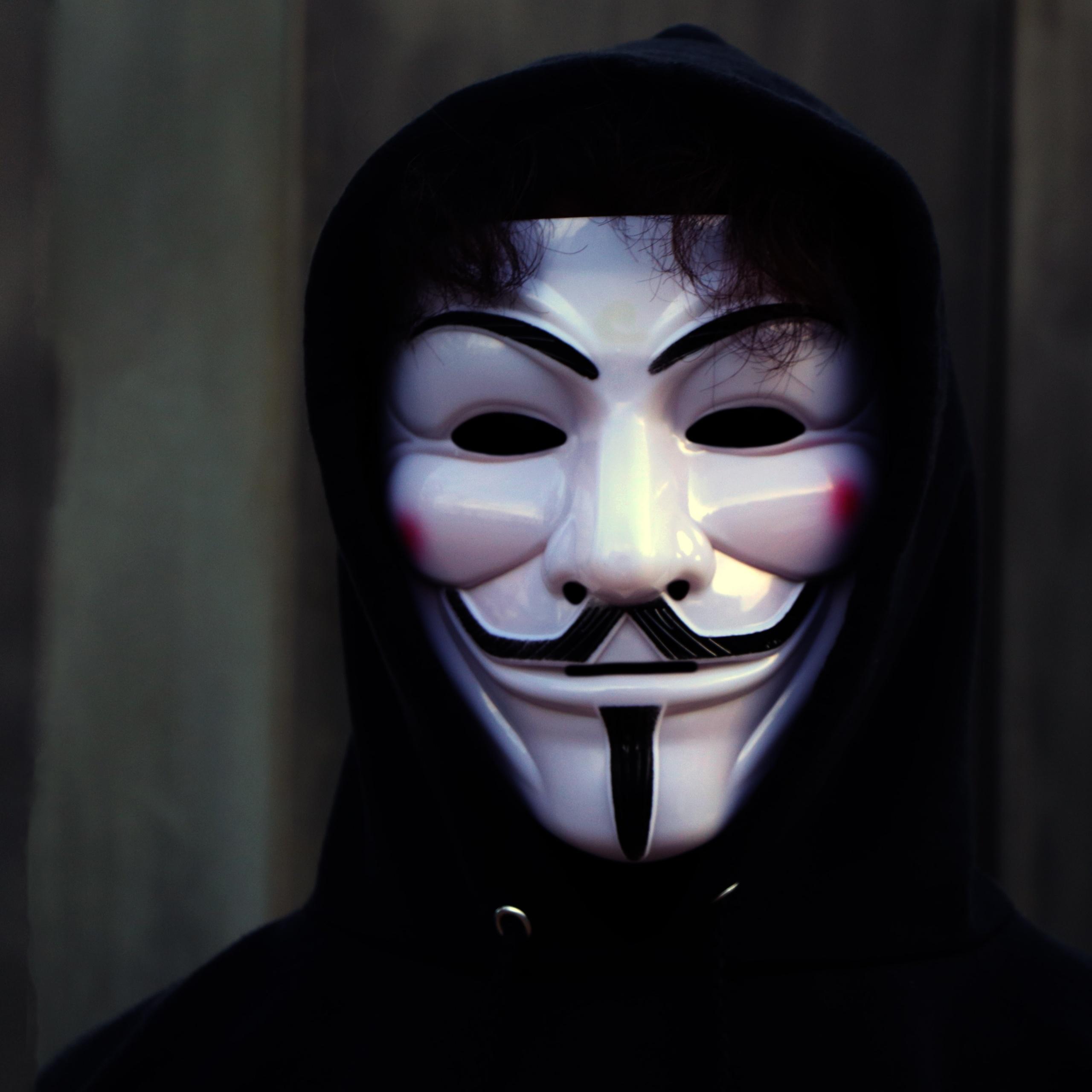 2560x2560 Man in Mask Wallpaper 4K, Anonymous, White masks, Black Hoodie, Photography