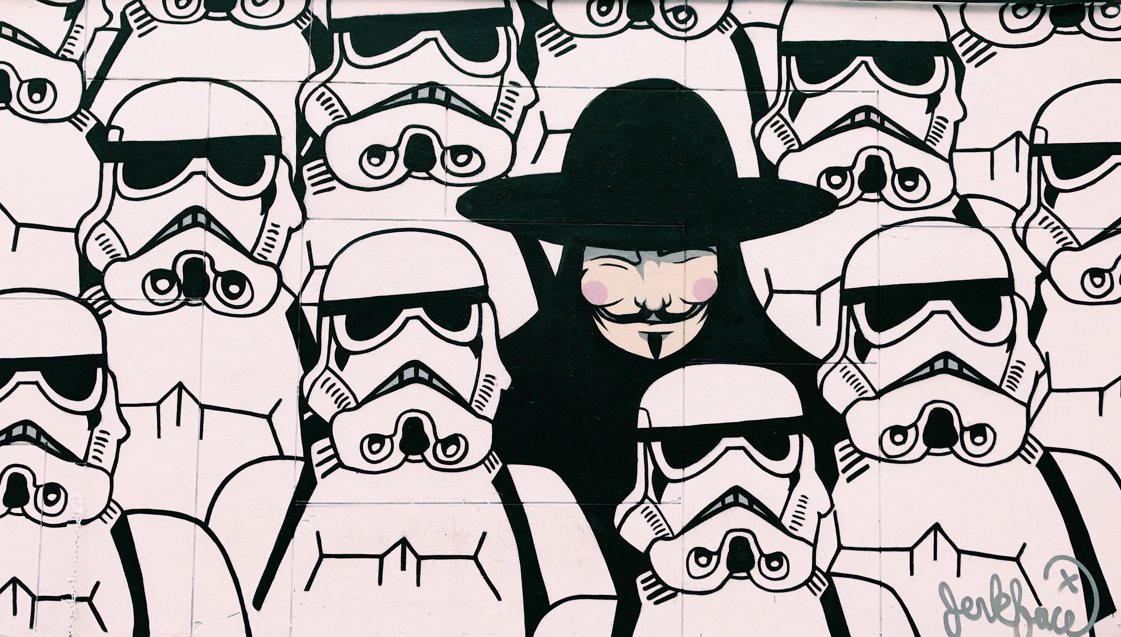 3773x2146 Wallpaper / anonymous guy fawkes from v from vendetta figure amongst group of star wars stormtroopers in new york texas united states, storm trooper street art 4k wallpaper