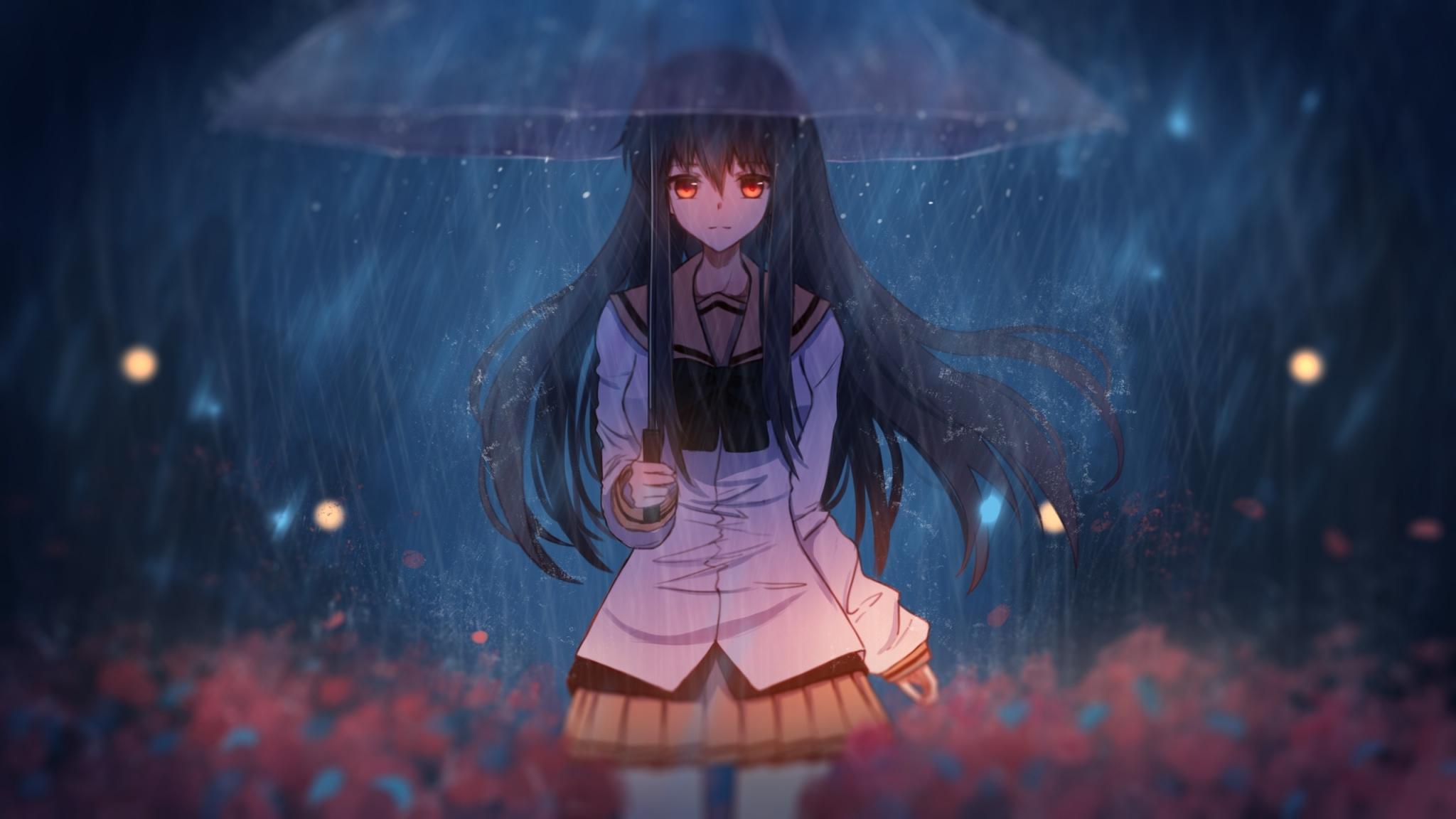 2048x1152 Anime Girl In Rain, With Umbrella, Art, Wallpaper Girl In Rain With Umbrella