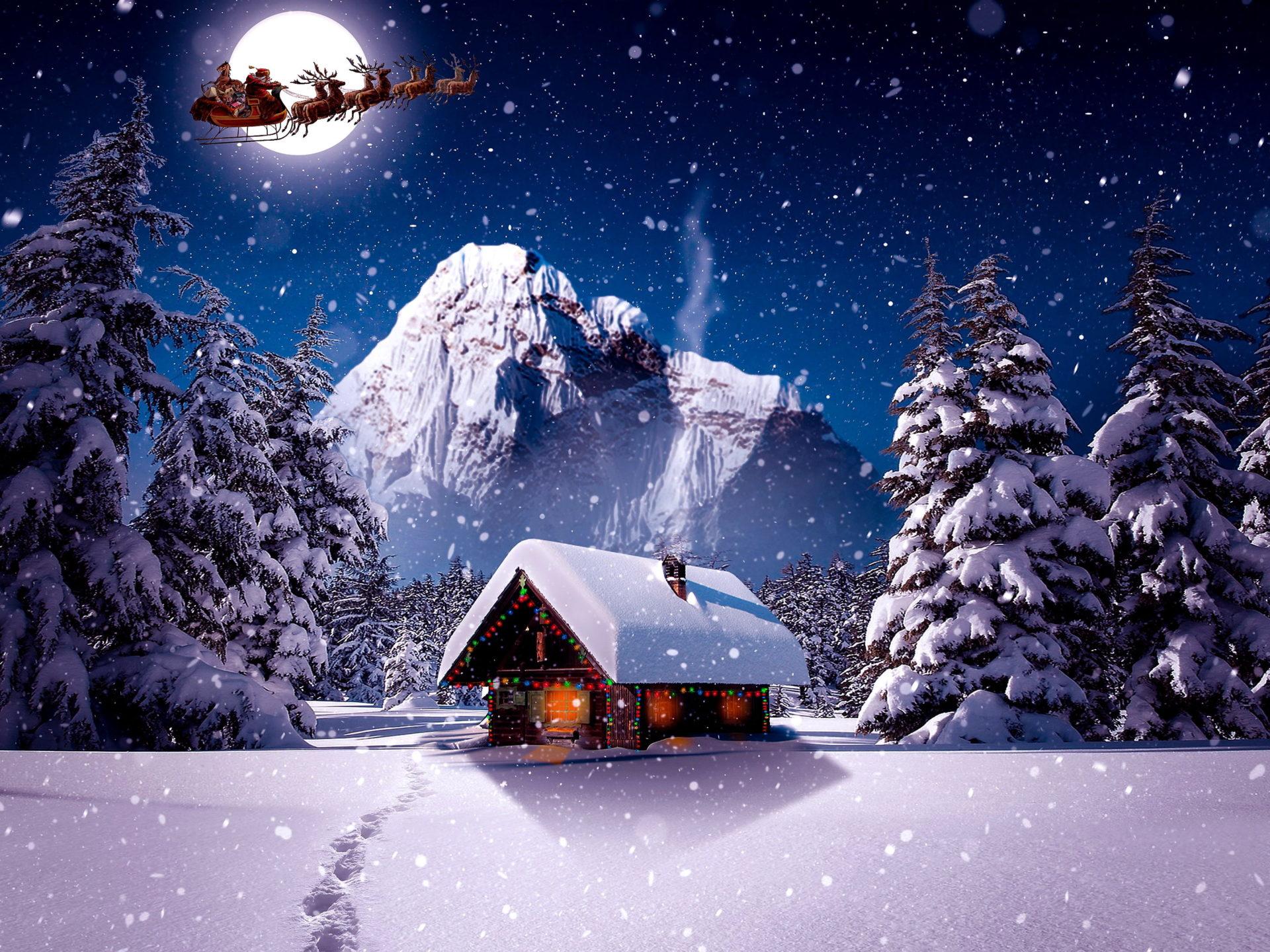 1920x1440 Christmas Wallpaper HD Landscape Winter Santa Claus Sleigh Snow Moon Log Cabin :