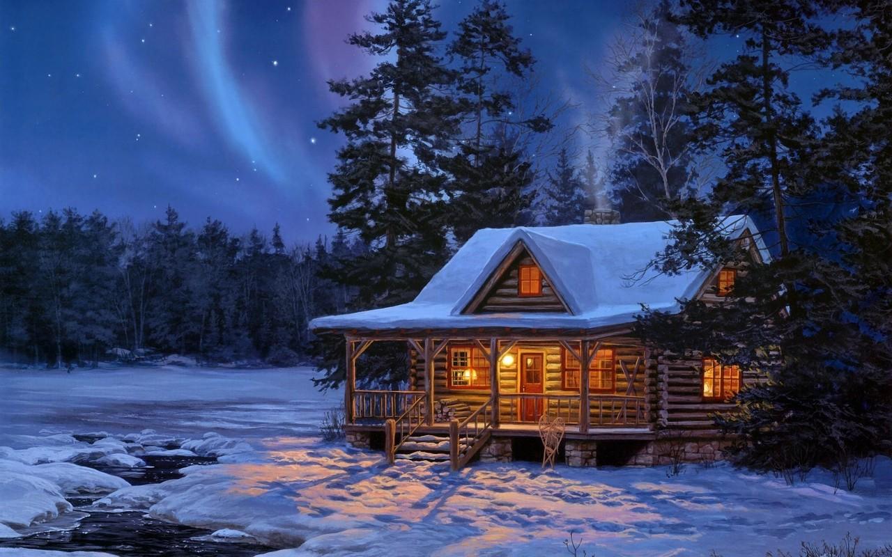 1280x800 Log Cabin Christmas Wallpaper