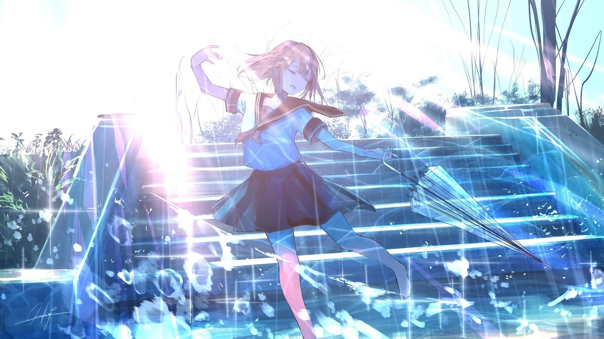 1920x1080 Download 1920x1080 Anime School Girl, Dancing, Raining, Closed Eyes, Umbrella Wallpaper for Widescreen