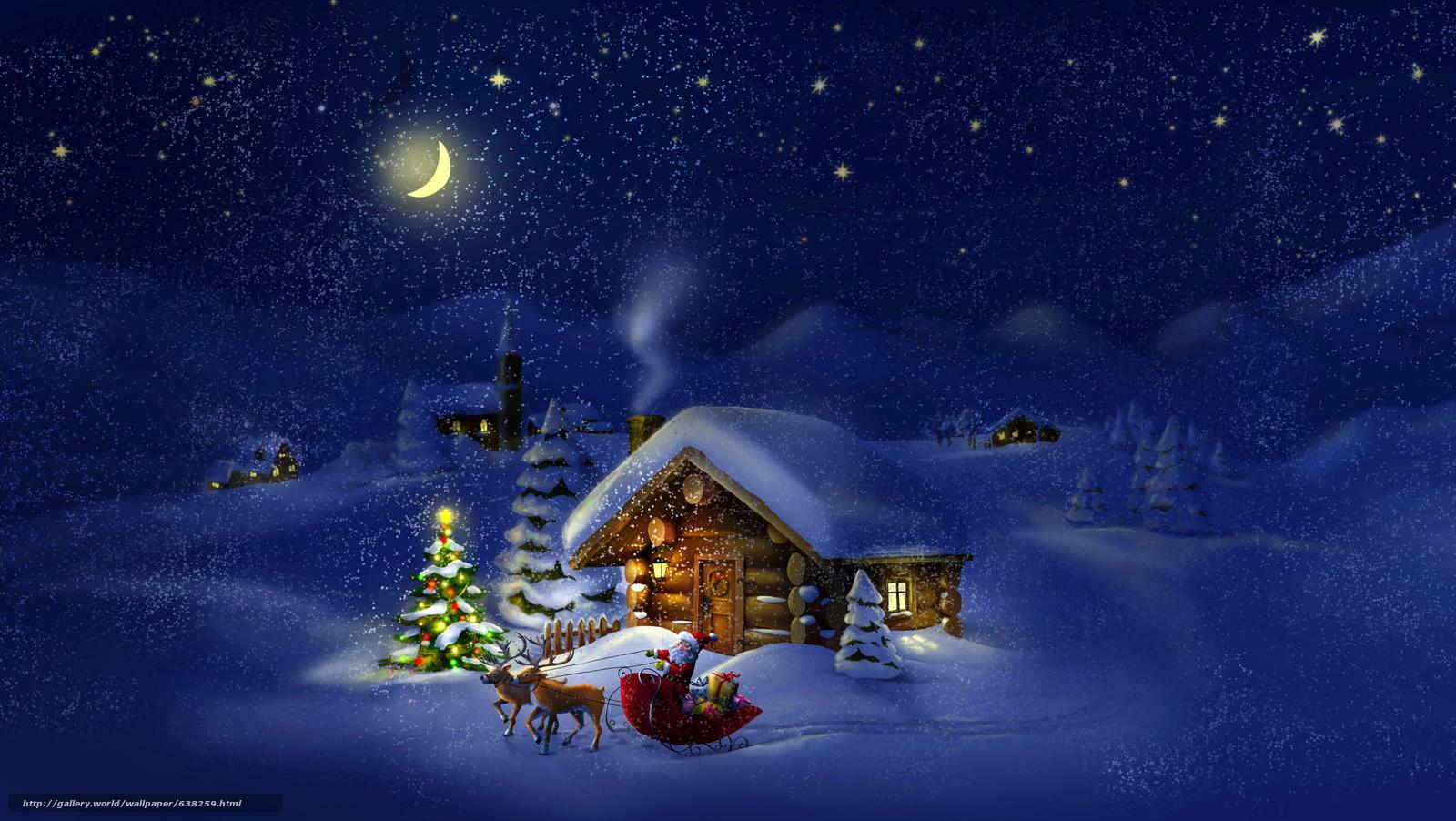 1600x902 Download wallpaper New Year, Christmas tree, snow, cabin free desktop wallpaper in the resolution 6350x3580