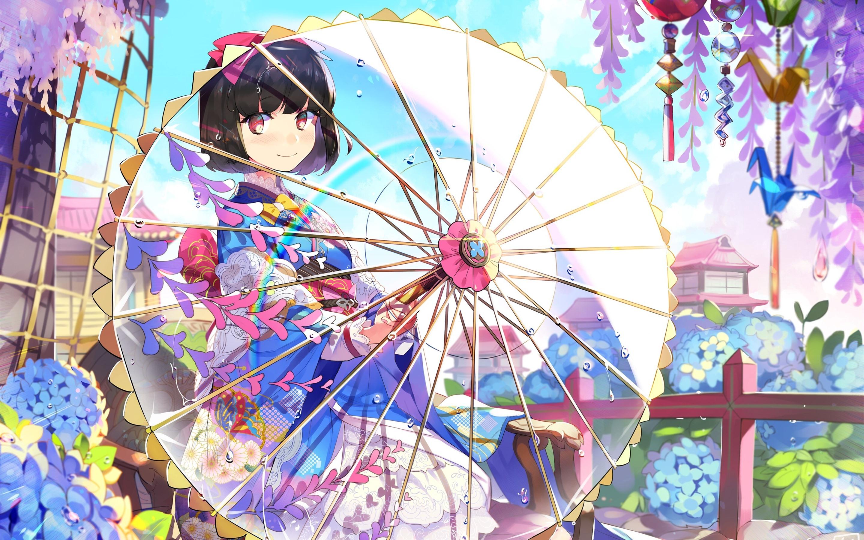 2880x1800 Wallpaper Japanese anime girl, umbrella, flowers, kimono 2880x1800 HD Picture, Image