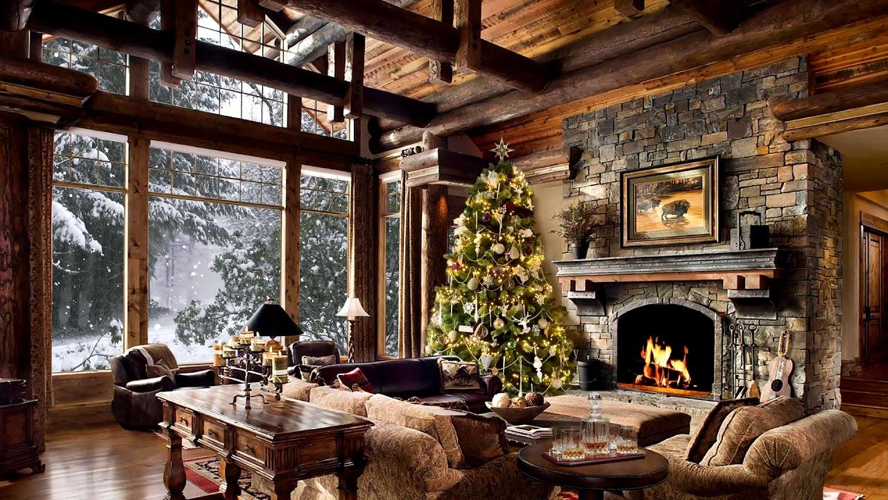 1280x720 HD Christmas Tree Log Cabin Screensaver Scene crackling sound living room Snow falling