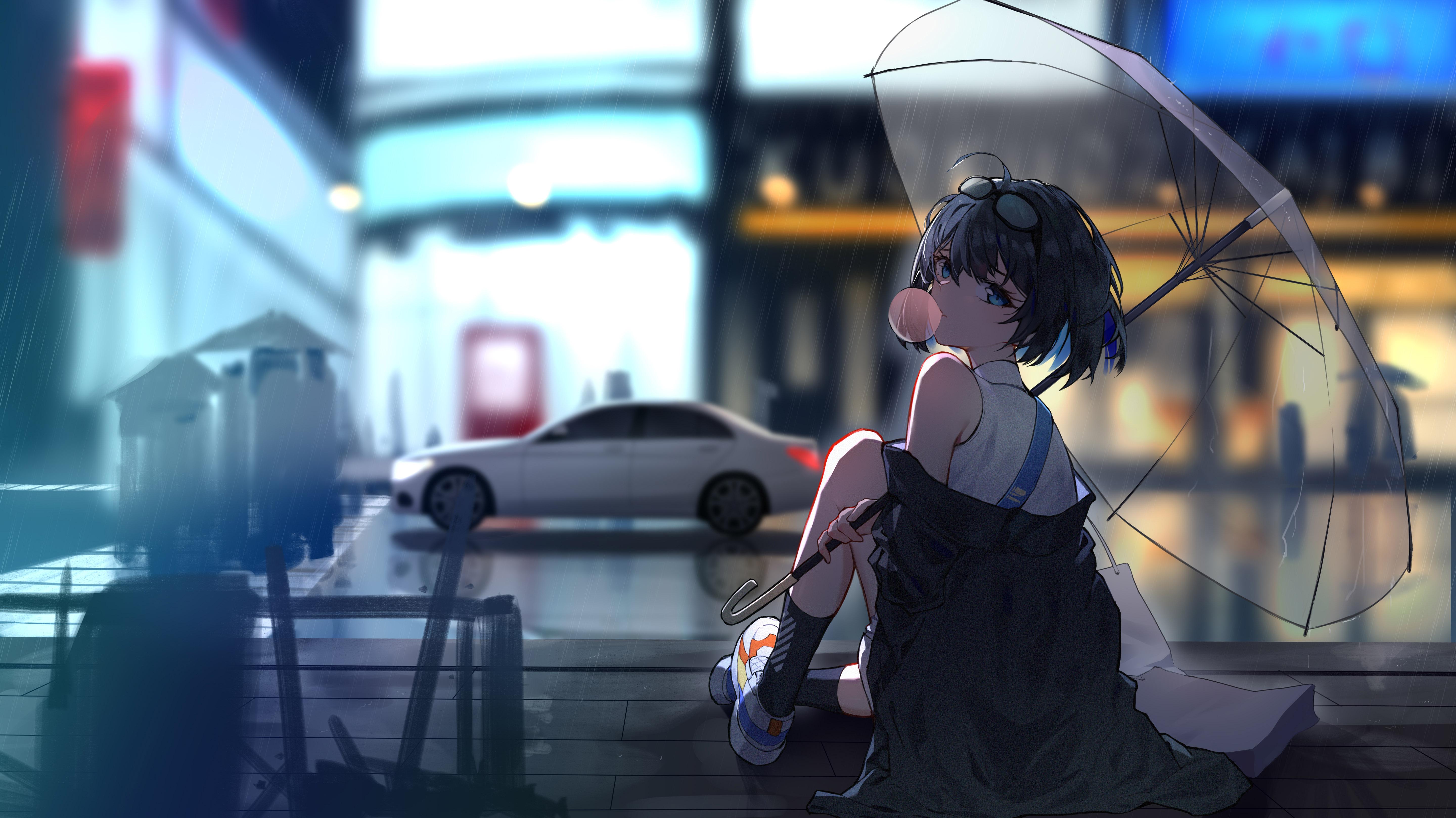 5760x3240 Anime Girls Simple Background Outdoors Umbrella Looking Back Short Hair Bubble Gum Wallpaper:5760x3240