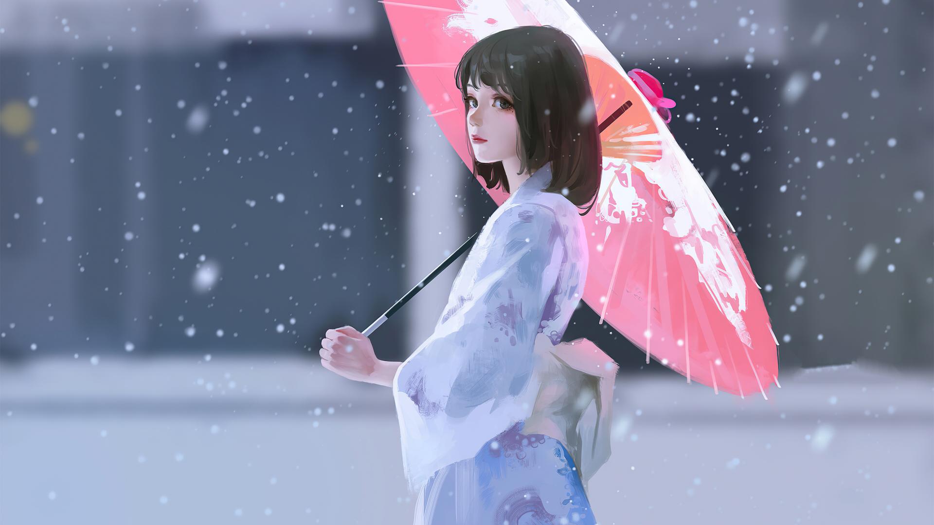 1920x1080 Girl in rain and snow, an umbrella, anime wallpaper