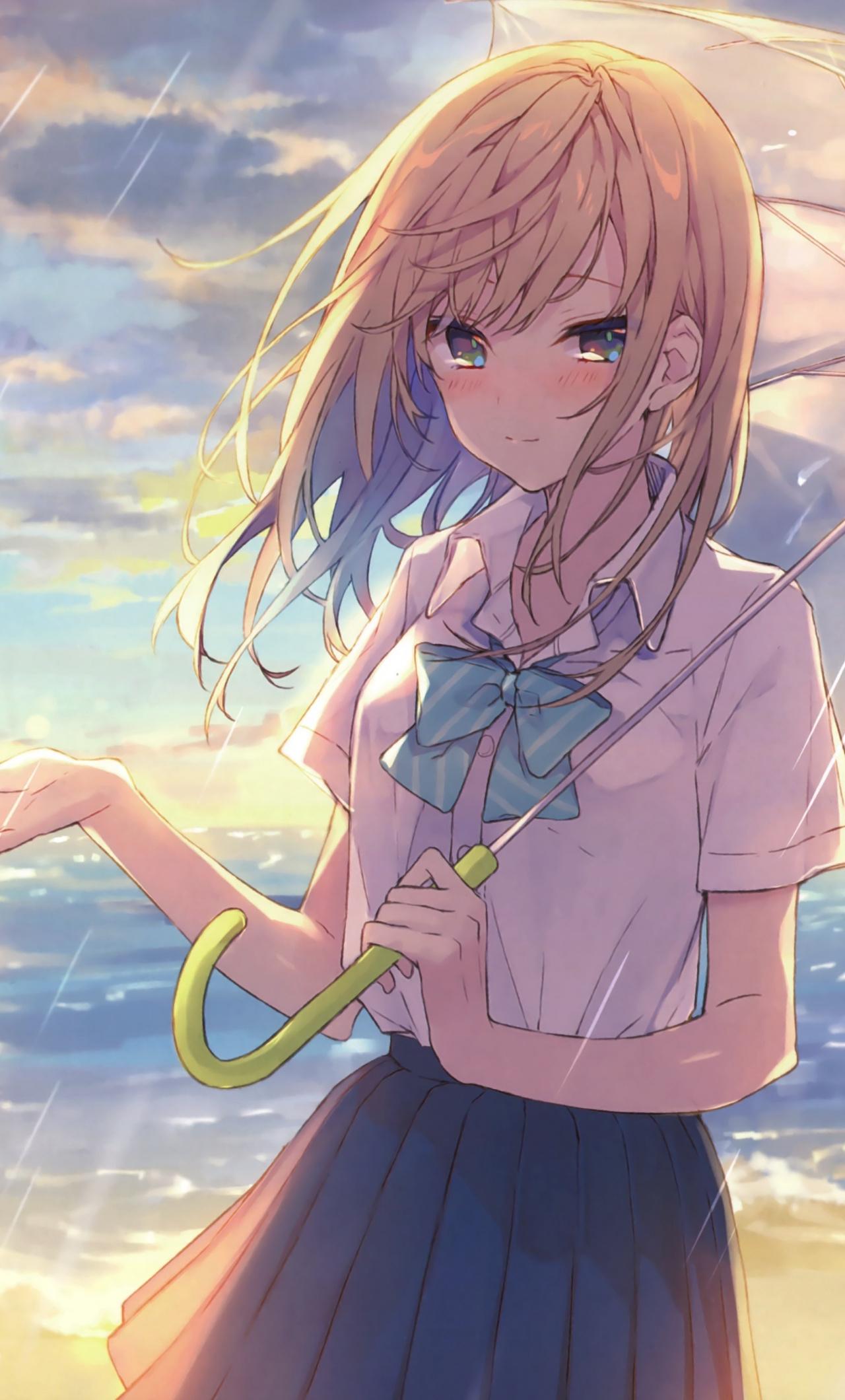 1280x2120 Wallpaper Outdoor, Cute Anime Girl, Rain, Umbrella Girl In The Rain