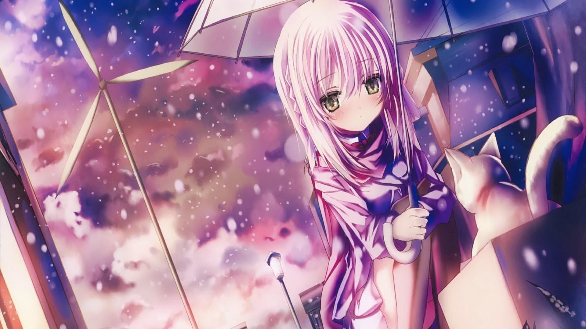 1920x1080 cat, anime, anime girls, umbrella, computer wallpaper, mangaka HD Wallpaper