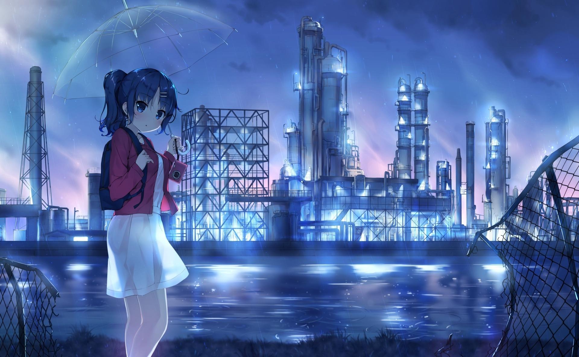 1920x1184 Wallpaper Fence, River, Industrial, Raining, Anime Girl, Umbrella:1920x1184