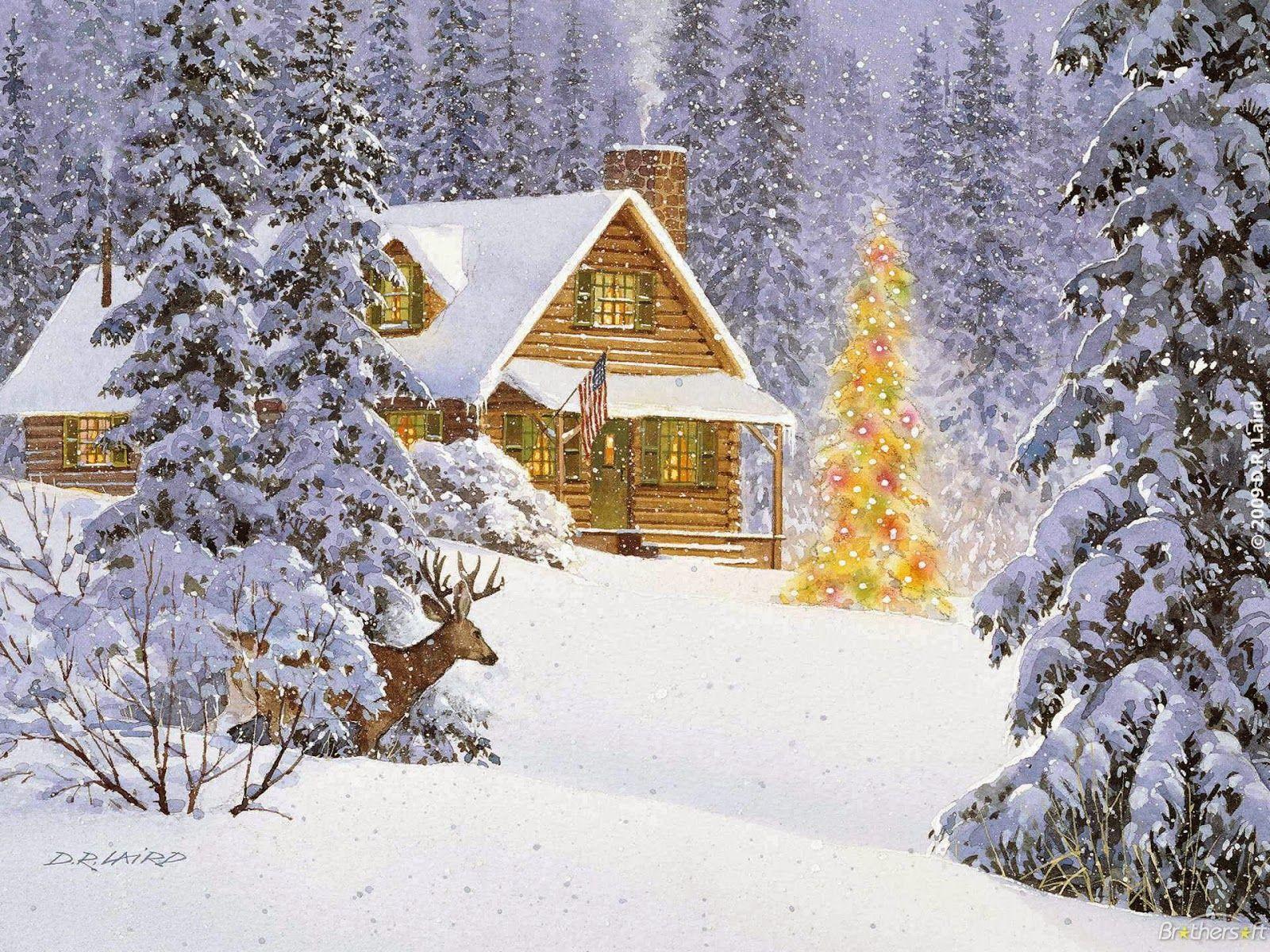 1600x1200 imágenes de escenarios navideños en Invierno Navidad. Christmas landscape, Cabin art, Christmas tree wallpaper