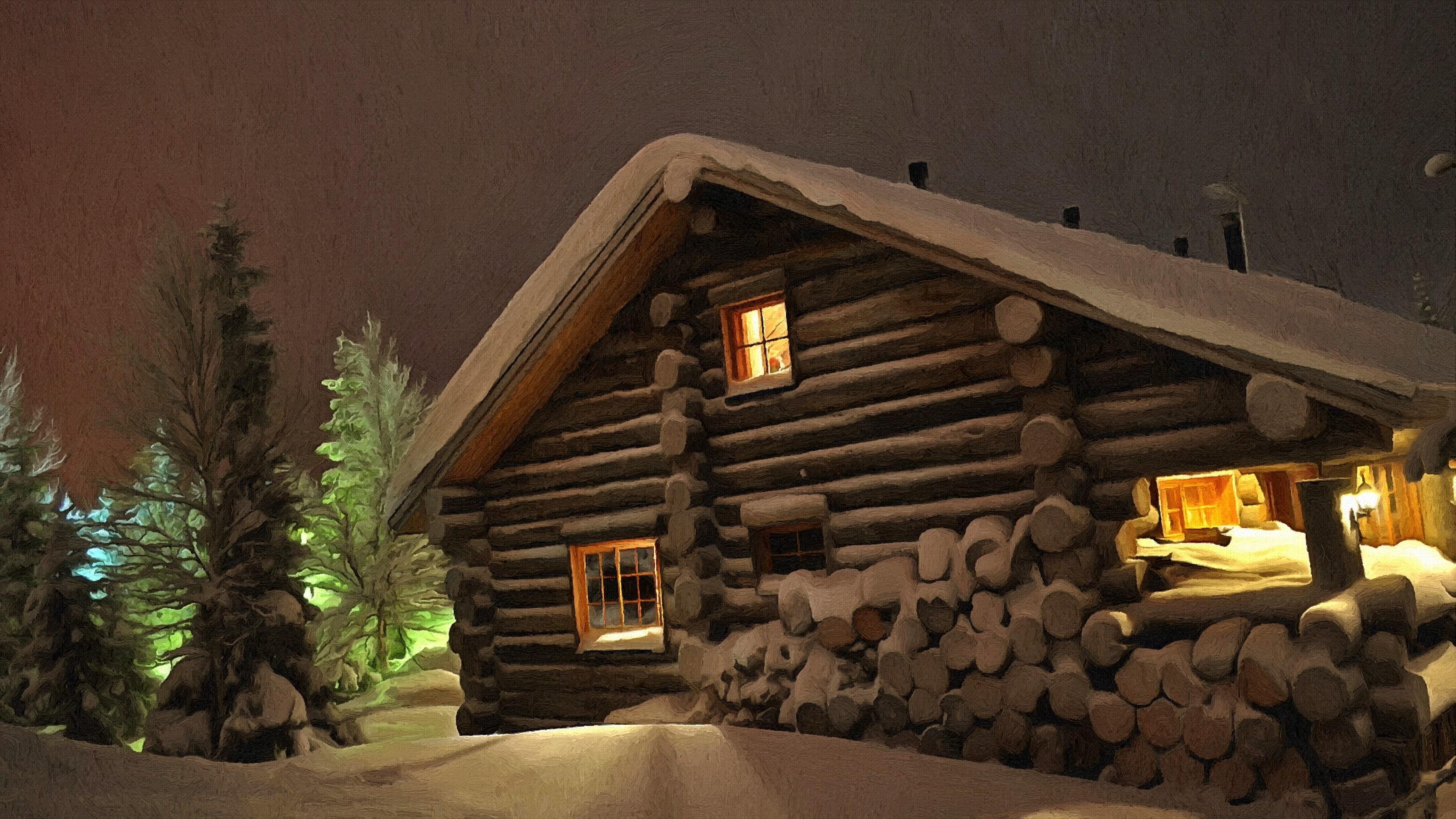 3200x1800 landscape, night, nature, snow, winter, photography, house, natural light, cabin, estate, lighting, home, screenshot, christmas decoration, log cabin, landscape lighting HD Wallpaper