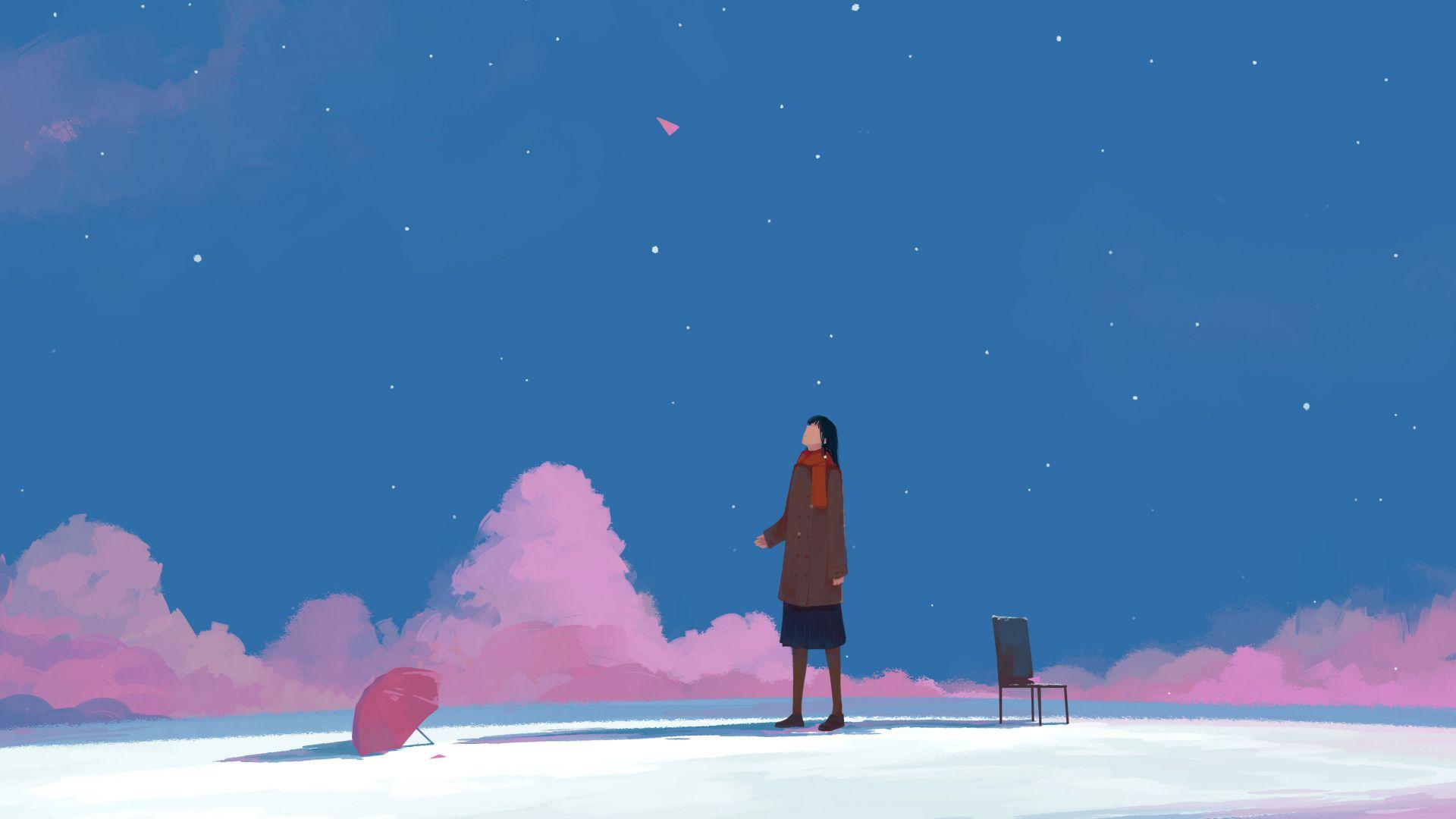 1920x1080 Desktop wallpaper minimal, sky, clouds, anime girl, umbrella, HD image, picture, background, eab94d