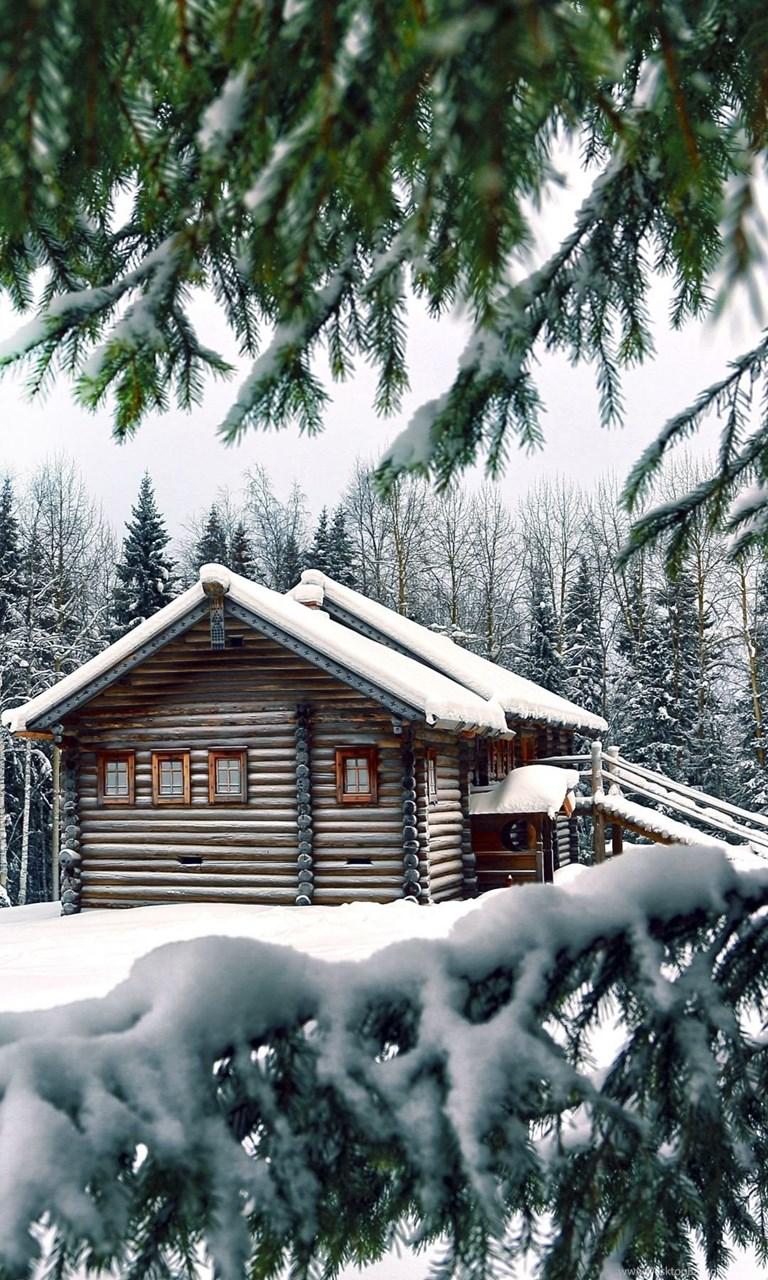 768x1280 Wallpaper For Galaxy Snowy Christmas Log Cabin Desktop Background