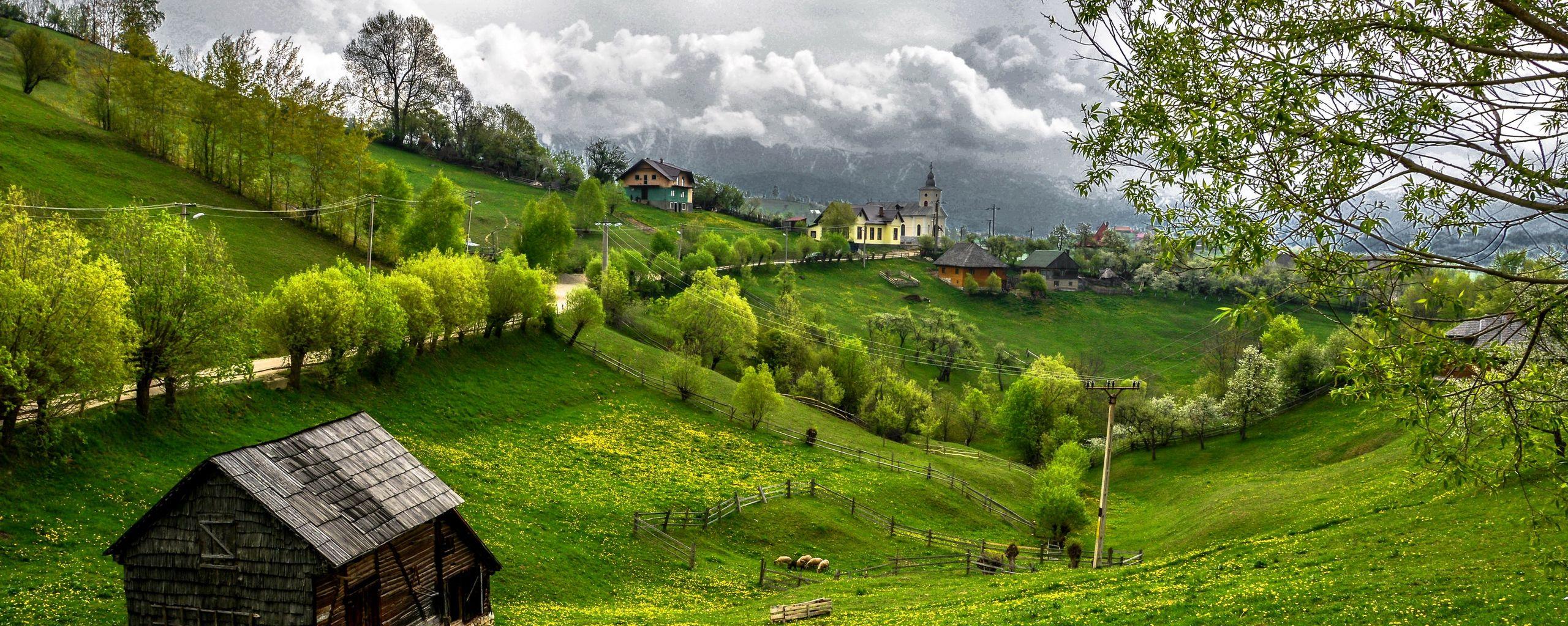 2560x1024 Download wallpaper 2560x1024 romania, transylvania, mountains, grass