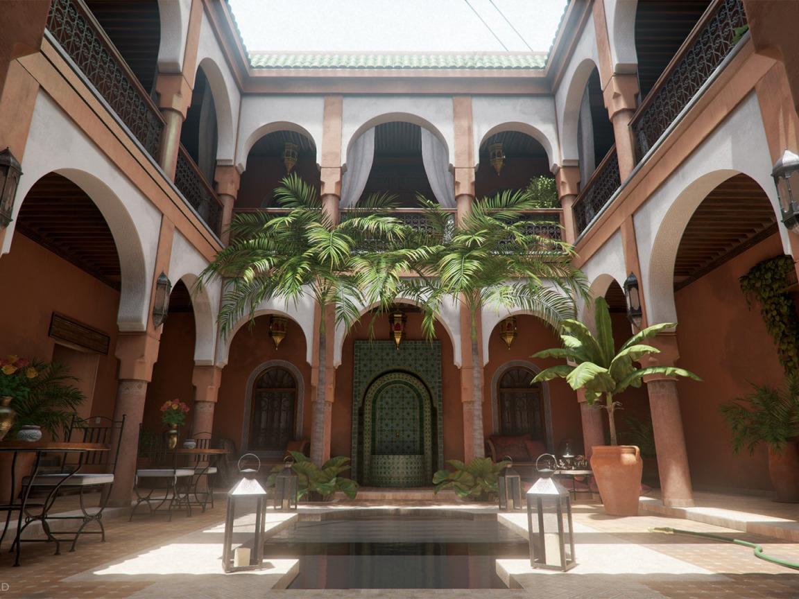 1152x864 Download wallpaper palm trees, yard, lights, architecture, Moroccan Courtyard, section rendering in resolution 1152x864