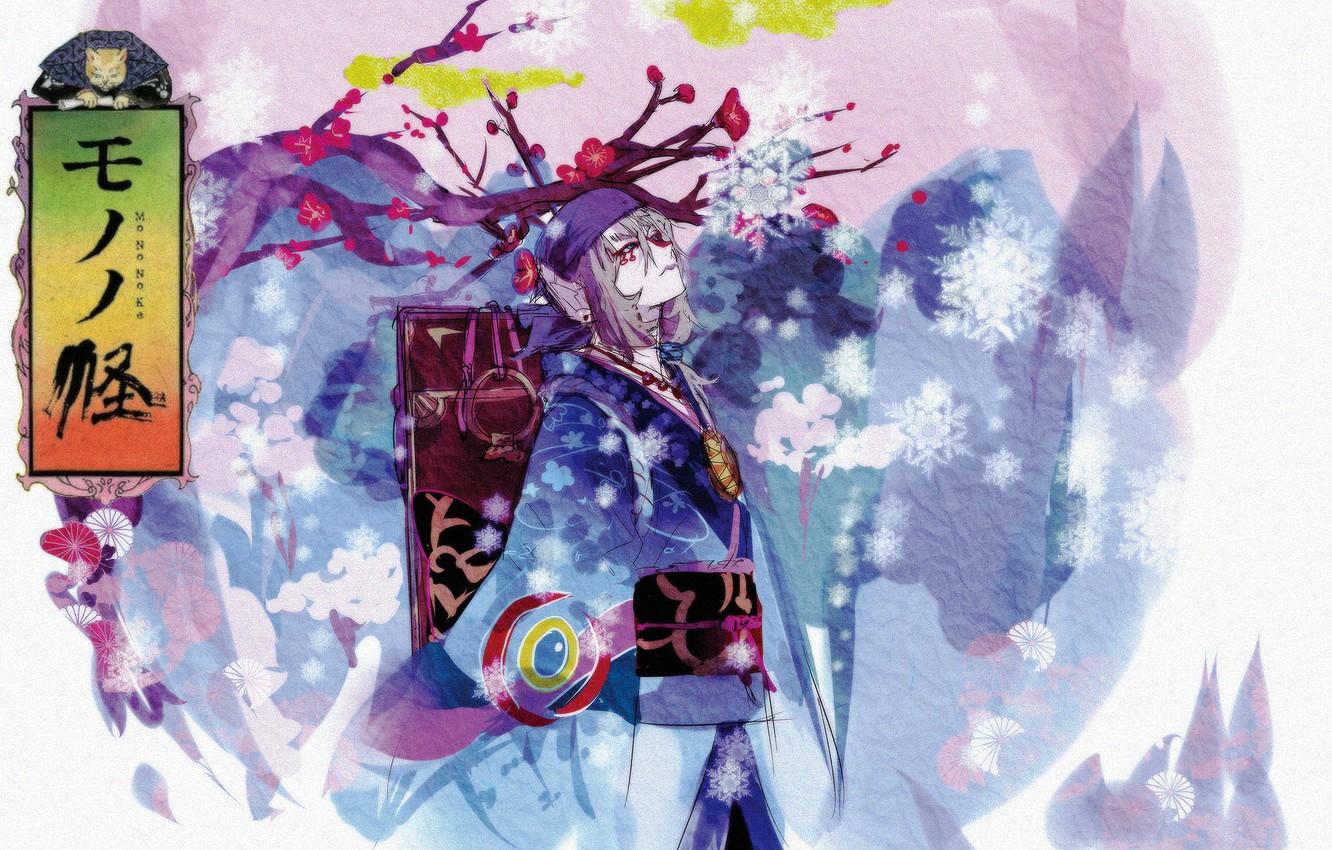1332x850 Wallpaper flowers, snowflakes, tree, art, guy, Mononoke, Kusuriuri image for desktop, section прочее