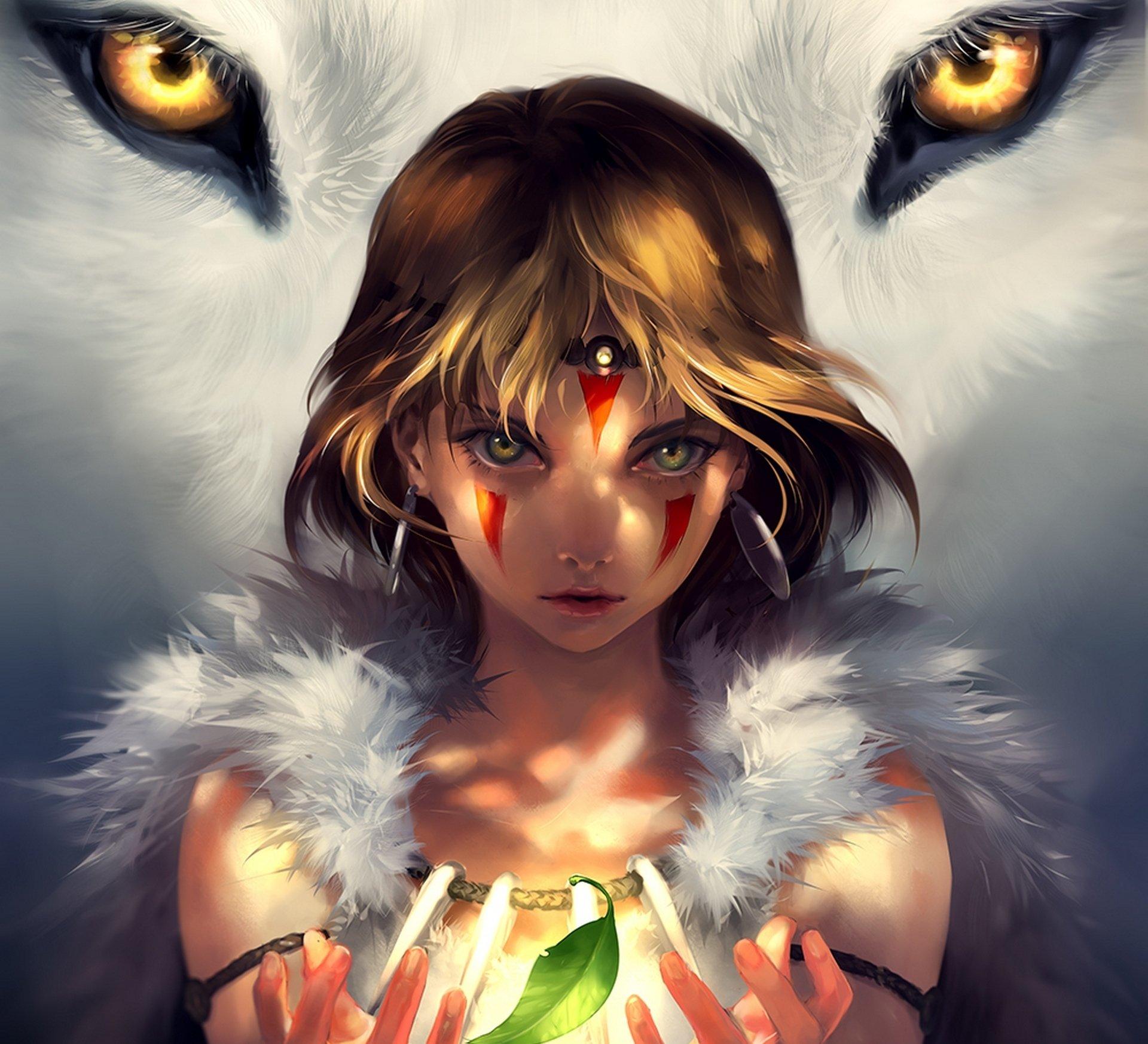 1920x1747 anime, Art, Eyes, Forest, Girl, Leaf, Light, Look, Magic, Mononoke, Hime, Moro, No, Kimi, San, Wolf, Yuumei Wallpaper HD / Desktop and Mobile Background