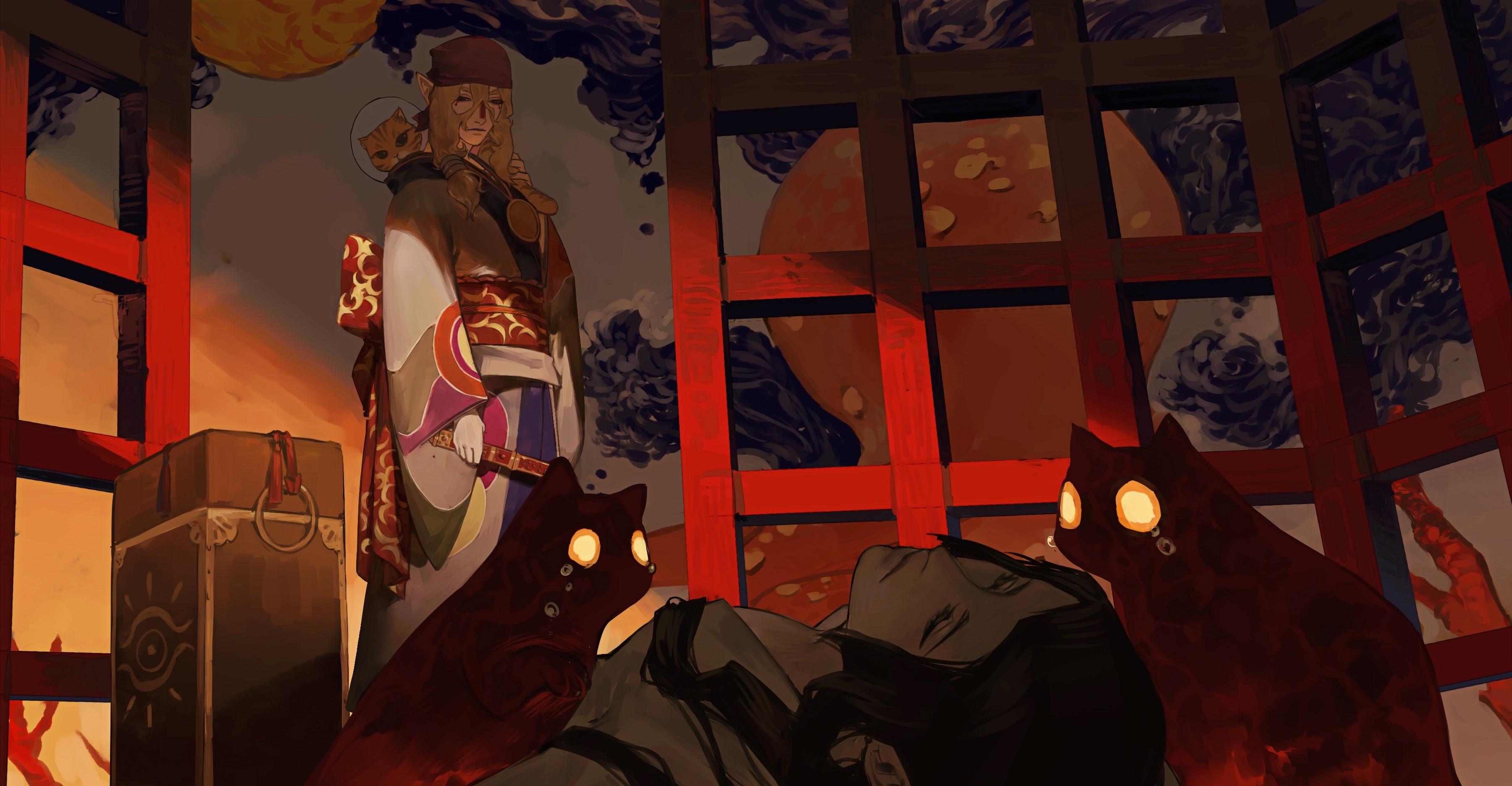 3600x1872 Wallpaper Mononoke, Polychromatic, Elf Ears, Kusuriuri, Darkness:3600x1872