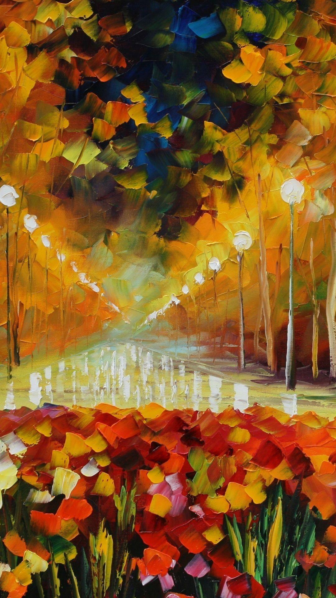 1080x1920 painting, light, lights, picture, street, leonid afremov