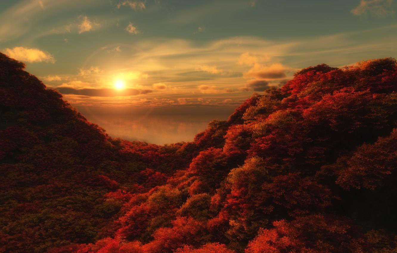 1332x850 Wallpaper sea, autumn, forest, water, the sun, landscape, mountains, reflection, hills, slope, horizon, the ravine, crimson, Cirrus, halo, halo image for desktop, section пейзажи