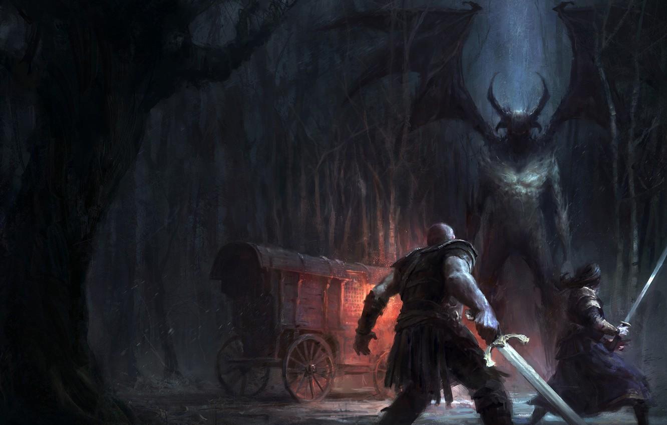 1332x850 Photo Wallpaper Forest, Trees, Night, Weapons, People, Queen Alec Hutson