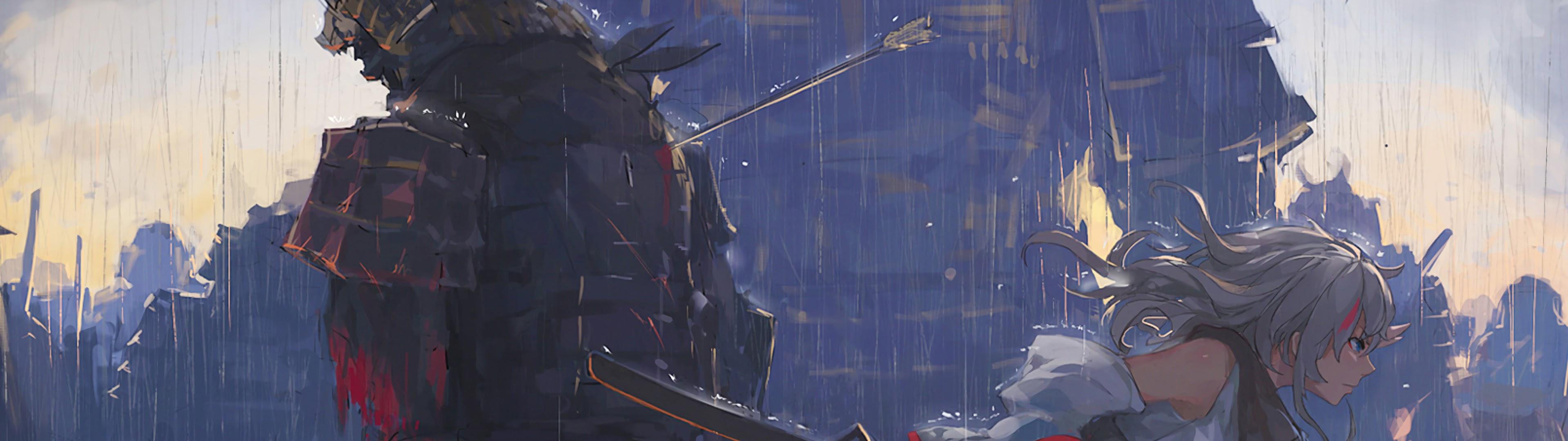 3840x1080 Samurai Fighting Anime Girl 4K Wallpaper