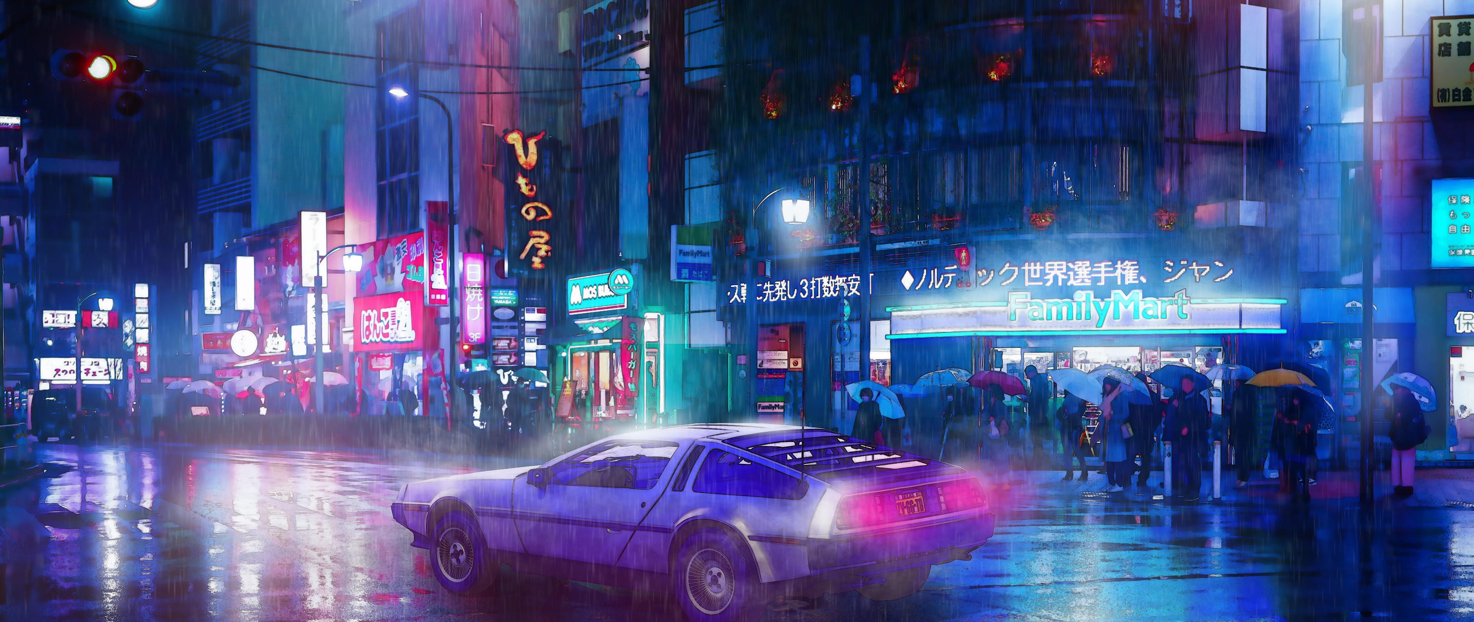 5120x2160 Cyberpunk Car Night City 8K Wallpaper