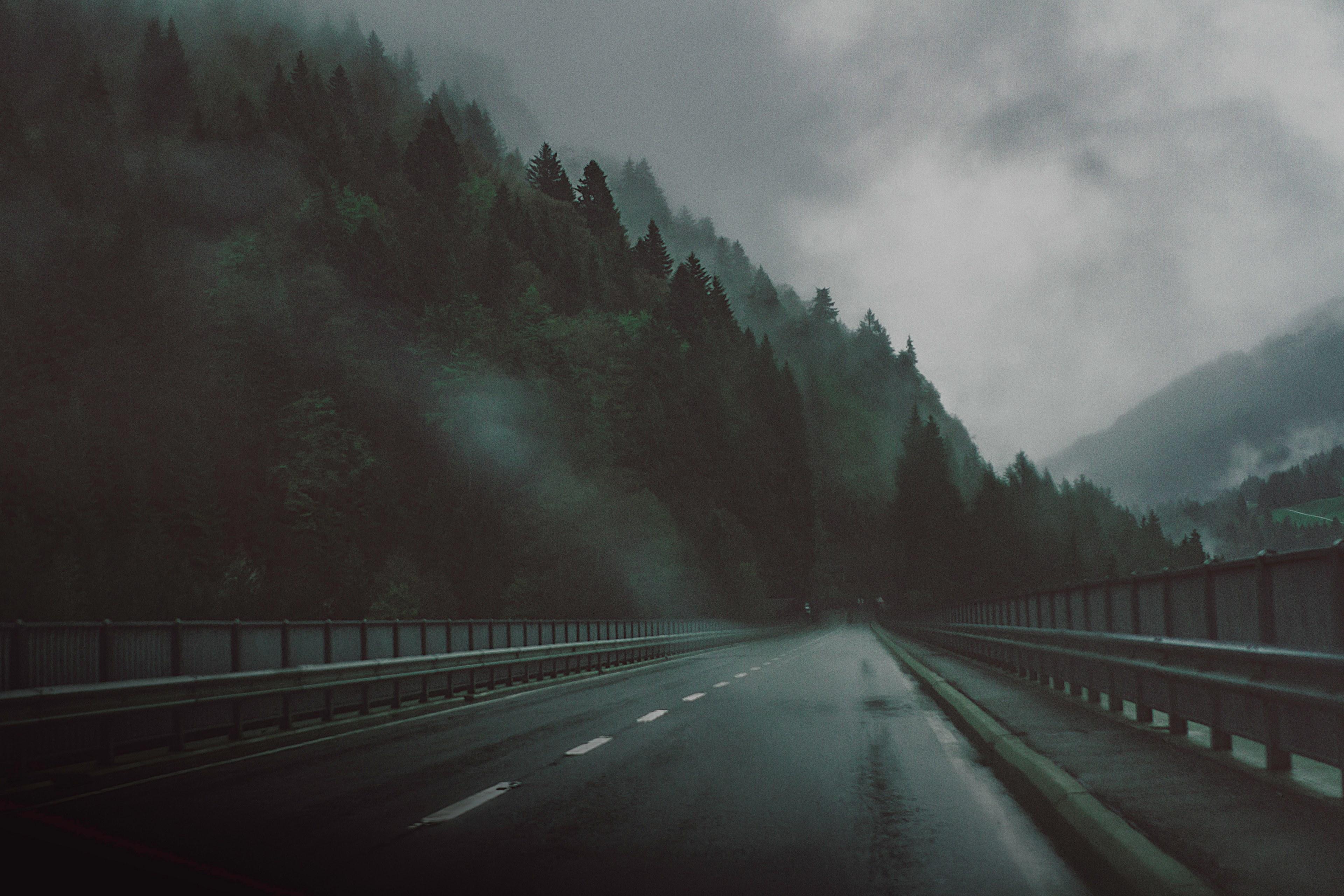 3840x2560 Wallpaper / an empty wet road next to a beautiful mountain forest in switzerland, road by the dark woods 4k wallpaper