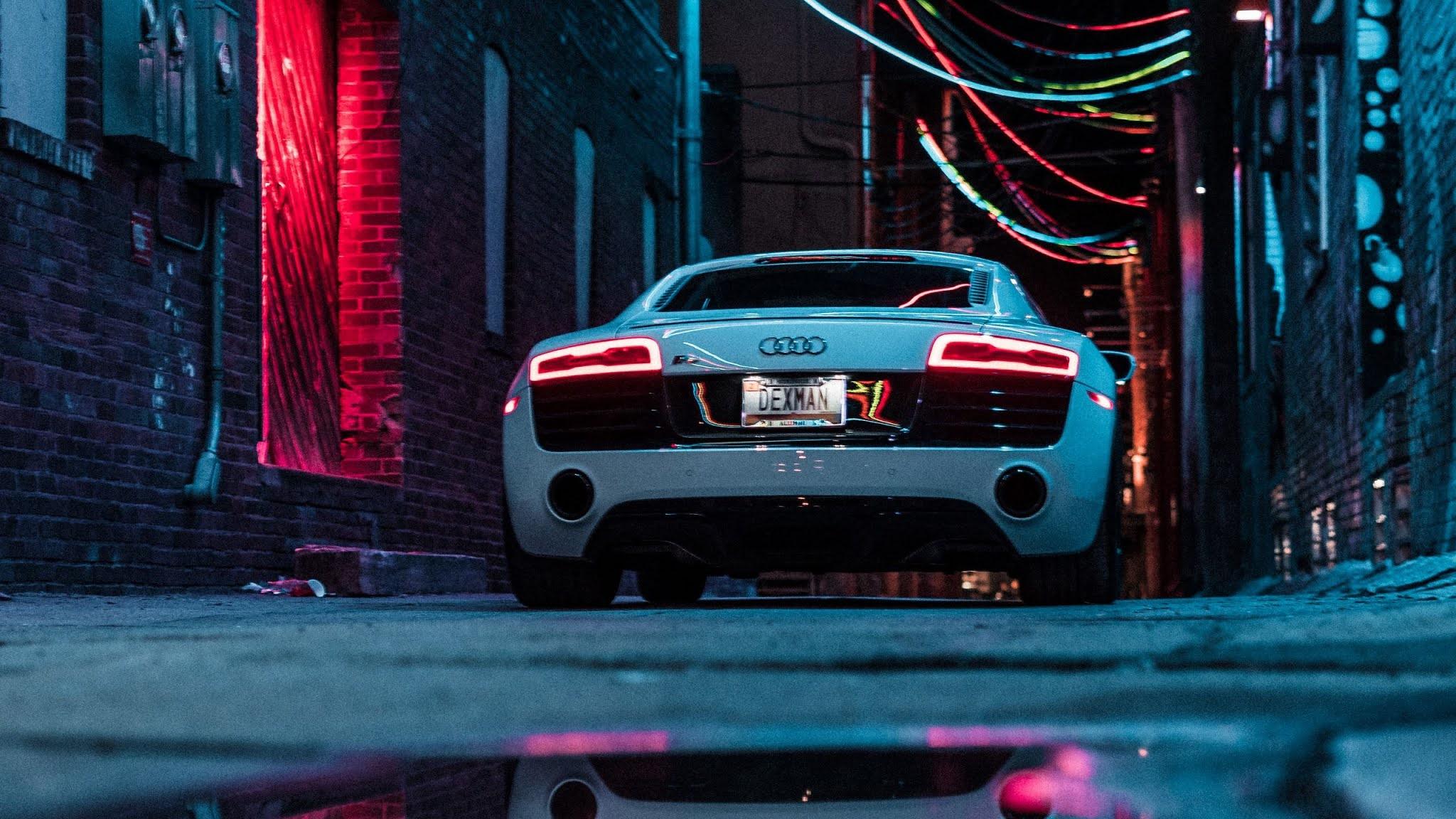 2048x1152 City Night, Audi R Sports Car, White, Neon