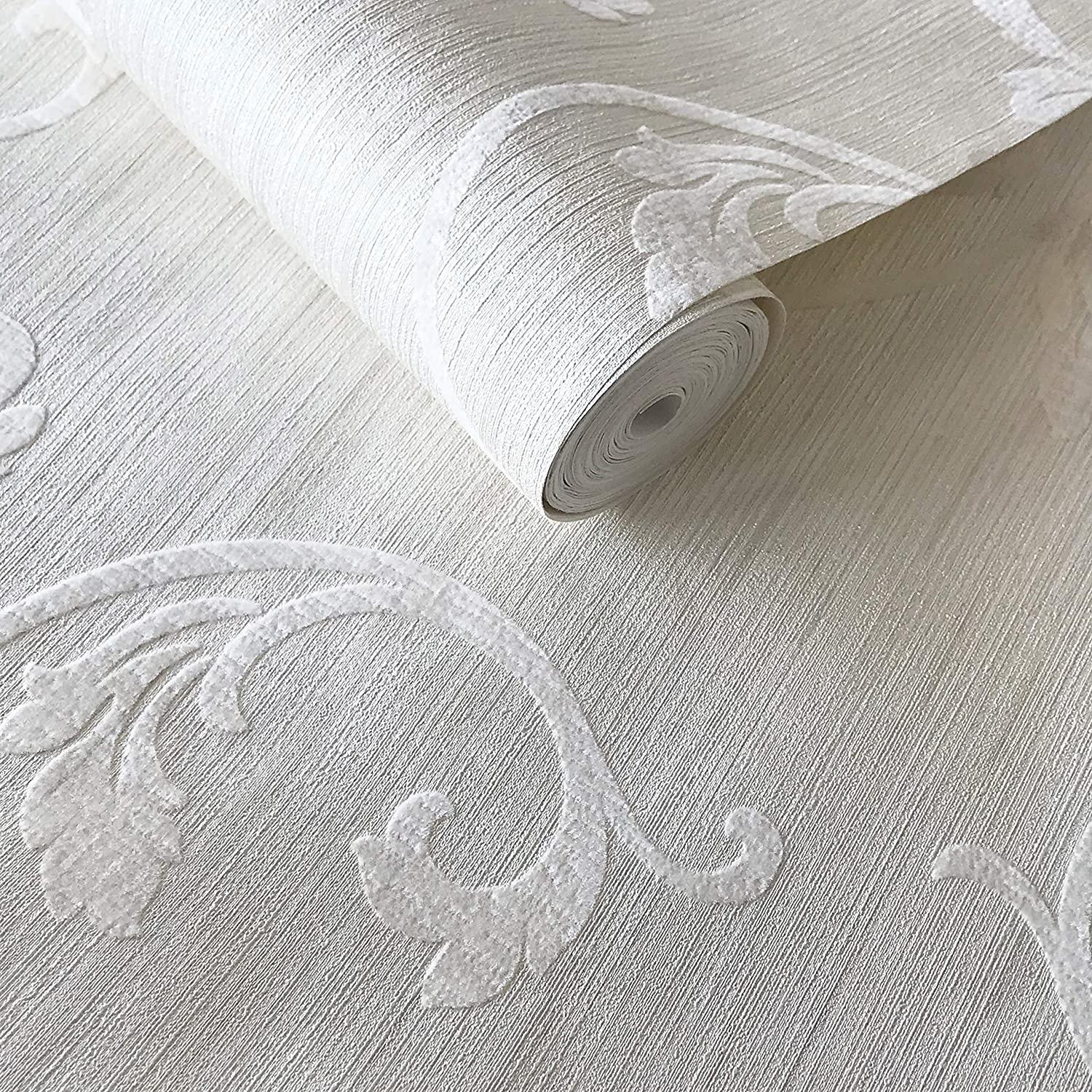 1500x1500 Sq.ft Rolls Portofino Wallcoverings Modern Flocked Embossed Vinyl Non Woven Textured Wallpaper Off White Ivory Gray Flocking Flock Vintage Damask Velvet Textures Coverings 3D Paste The Wall Only