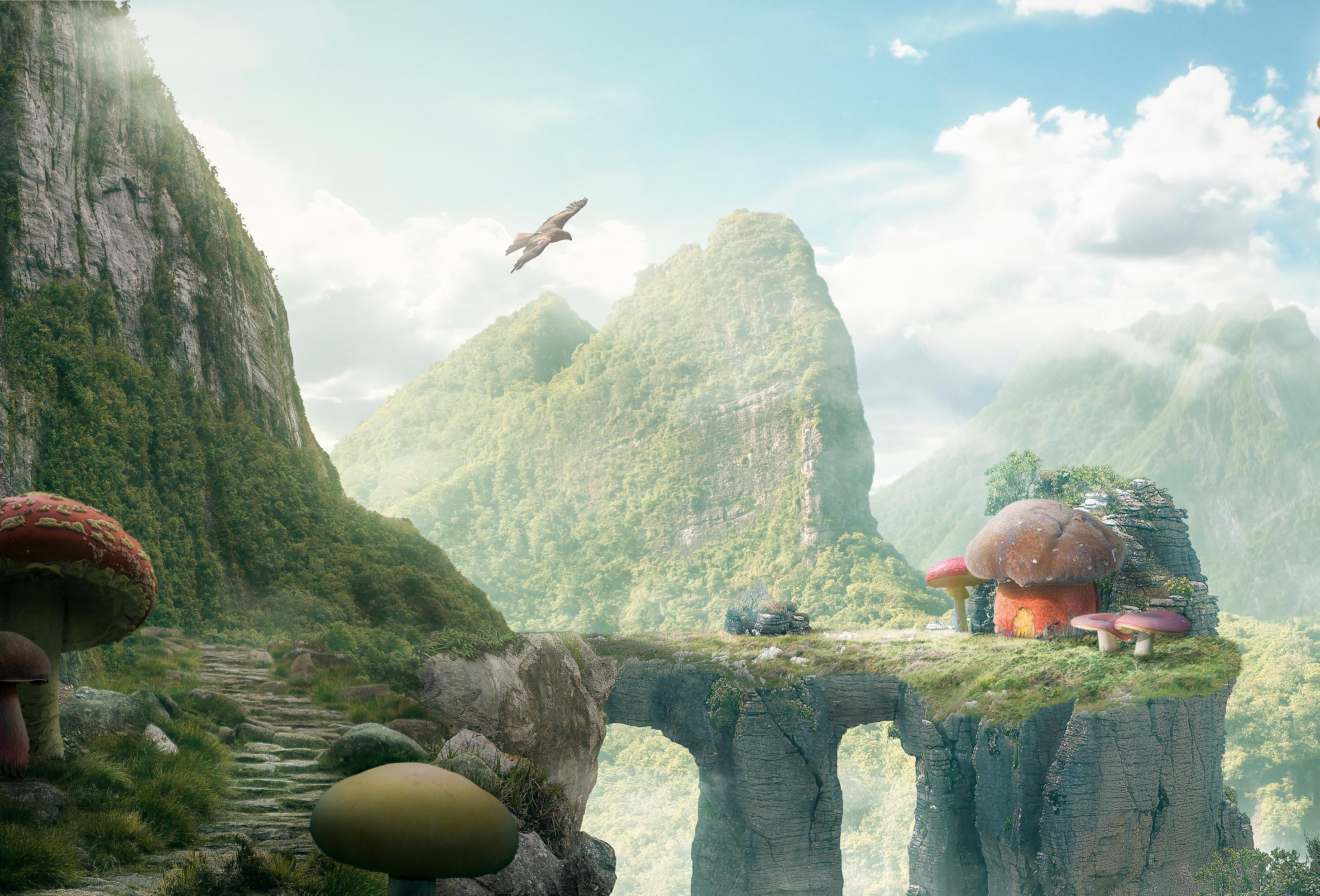 2916x1979 Mushroom house HD wallpaper, Background