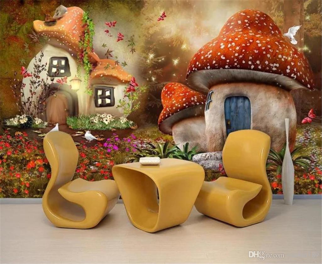 1024x841 3D Wall Paper Fairy Tale Mushroom House Childrens Room TV Background Wall Decoration Mural Wallpaper Cartoon 3D Wallpaper From Yunlin $9.46