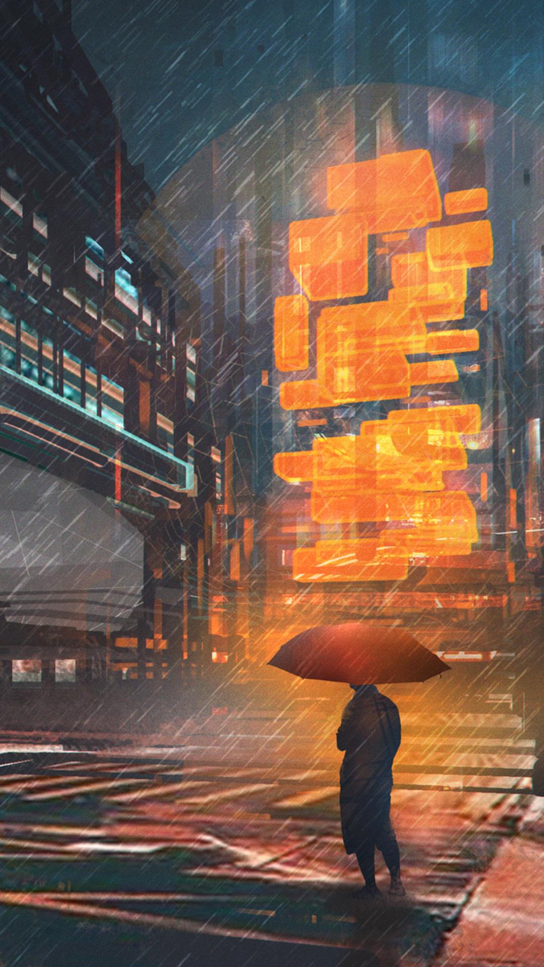 1080x1920 1080x1920 cyberpunk, neon, rain, artist, artwork, digital art, hd, , umbrella, scifi for iPhone 8 wallpaper