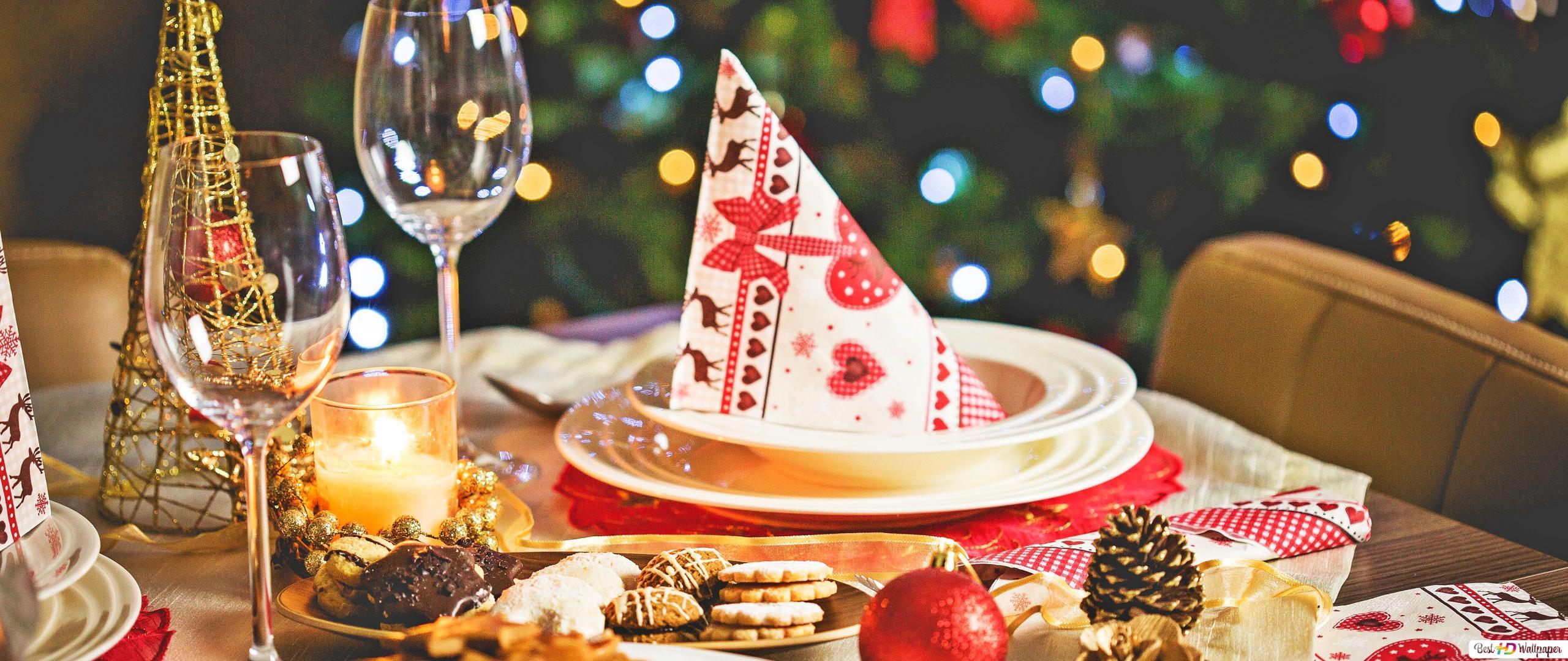 2560x1080 Christmas Eve dinner setting HD wallpaper download