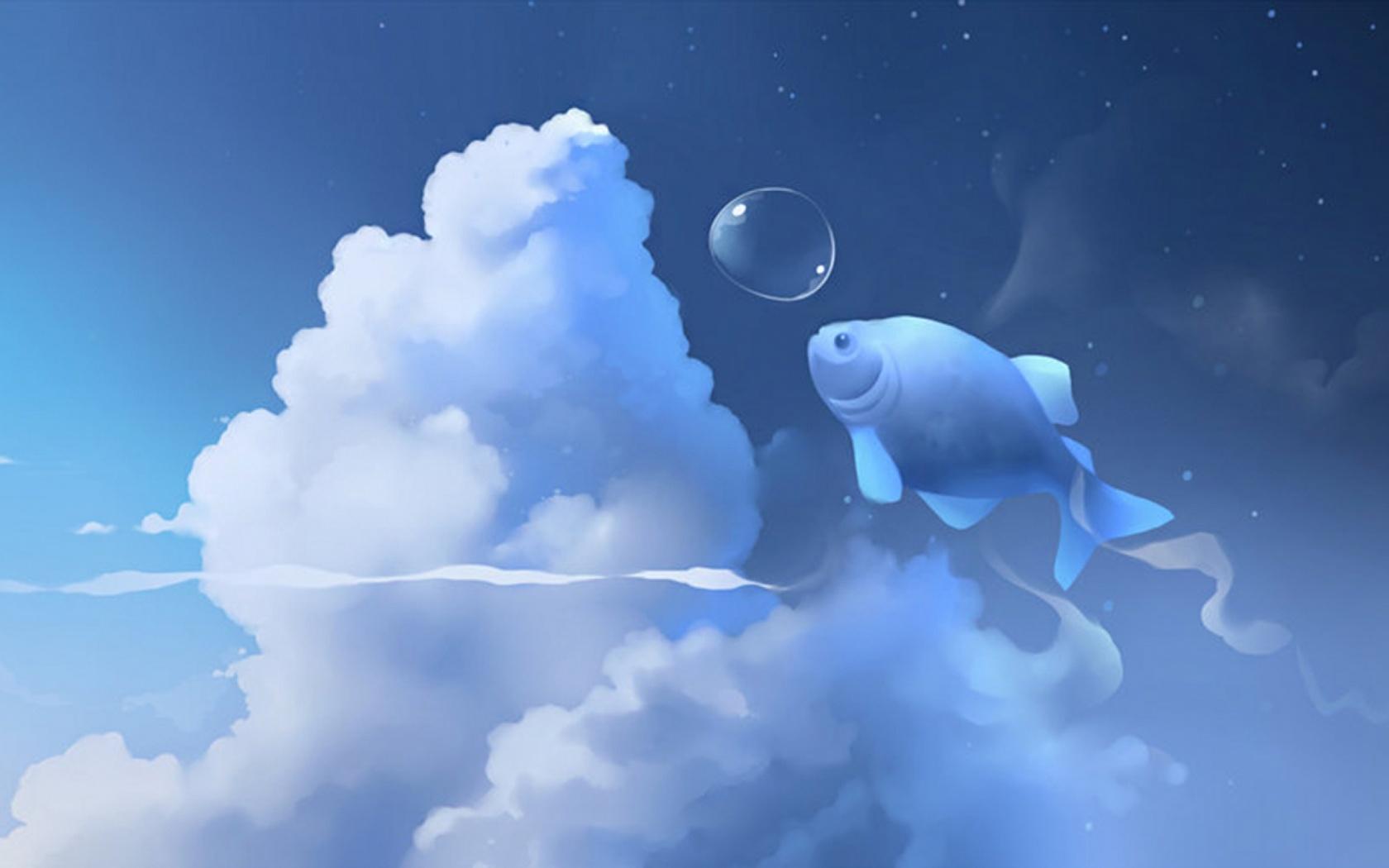 1680x1050 Cute Fish Bubble Clouds Sky desktop PC and Mac wallpaper