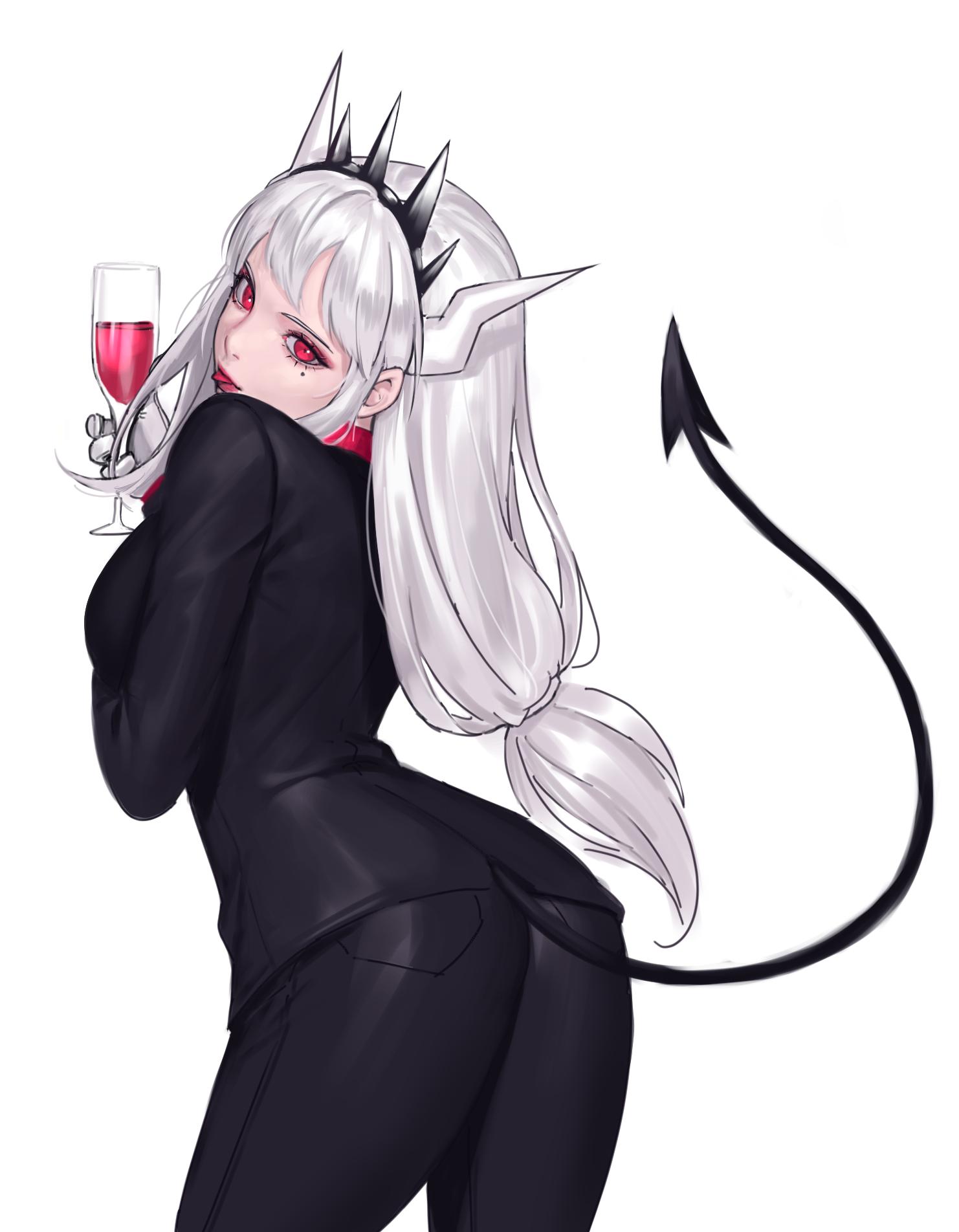 1482x1904 Anime Anime Girls Simple Background Siun Helltaker Lucifer Helltaker Demon Silver Hair Horns Wallpaper:1482x1904