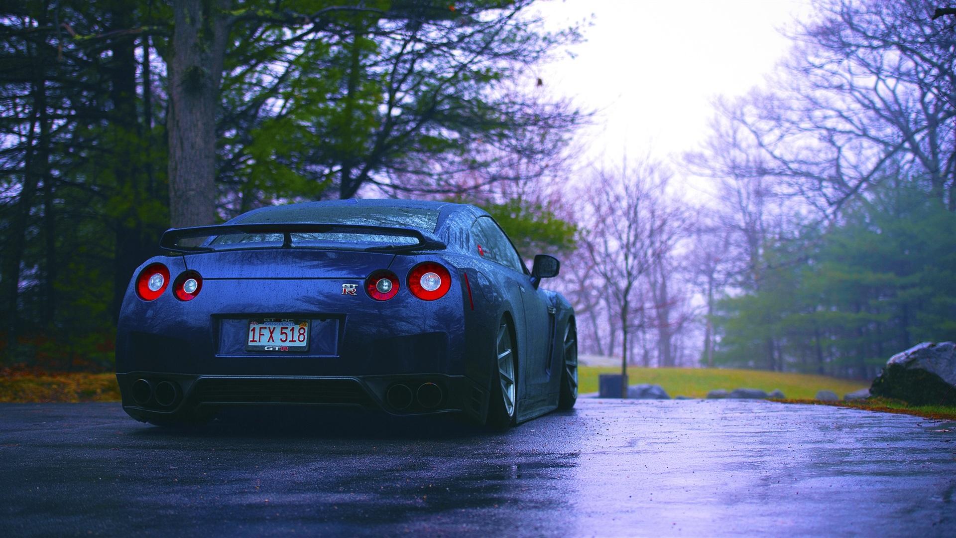 1920x1080 Nissan R35 GTR Blue Car Rear View, Rain, Trees 640x960 IPhone 4 4S Wallpaper, Background, Picture, Image