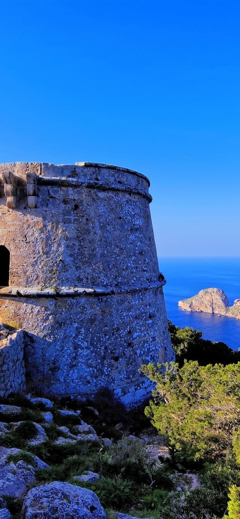 828x1792 Ibiza, Balearic Islands, Spain, Rock, Tower, Fortress, Sea, Blue Sky 1080x1920 IPhone 8 7 6 6S Plus Wallpaper, Background, Picture, Image