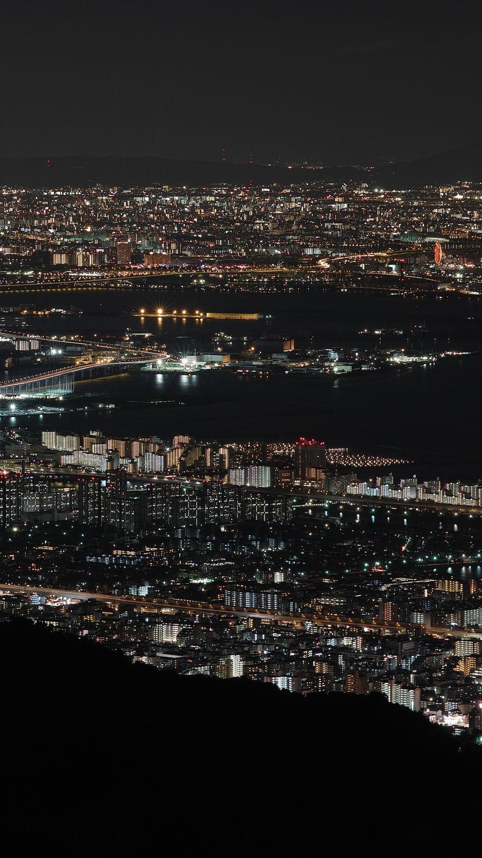 938x1668 Download wallpaper 938x1668 night city, top view, city lights, bay