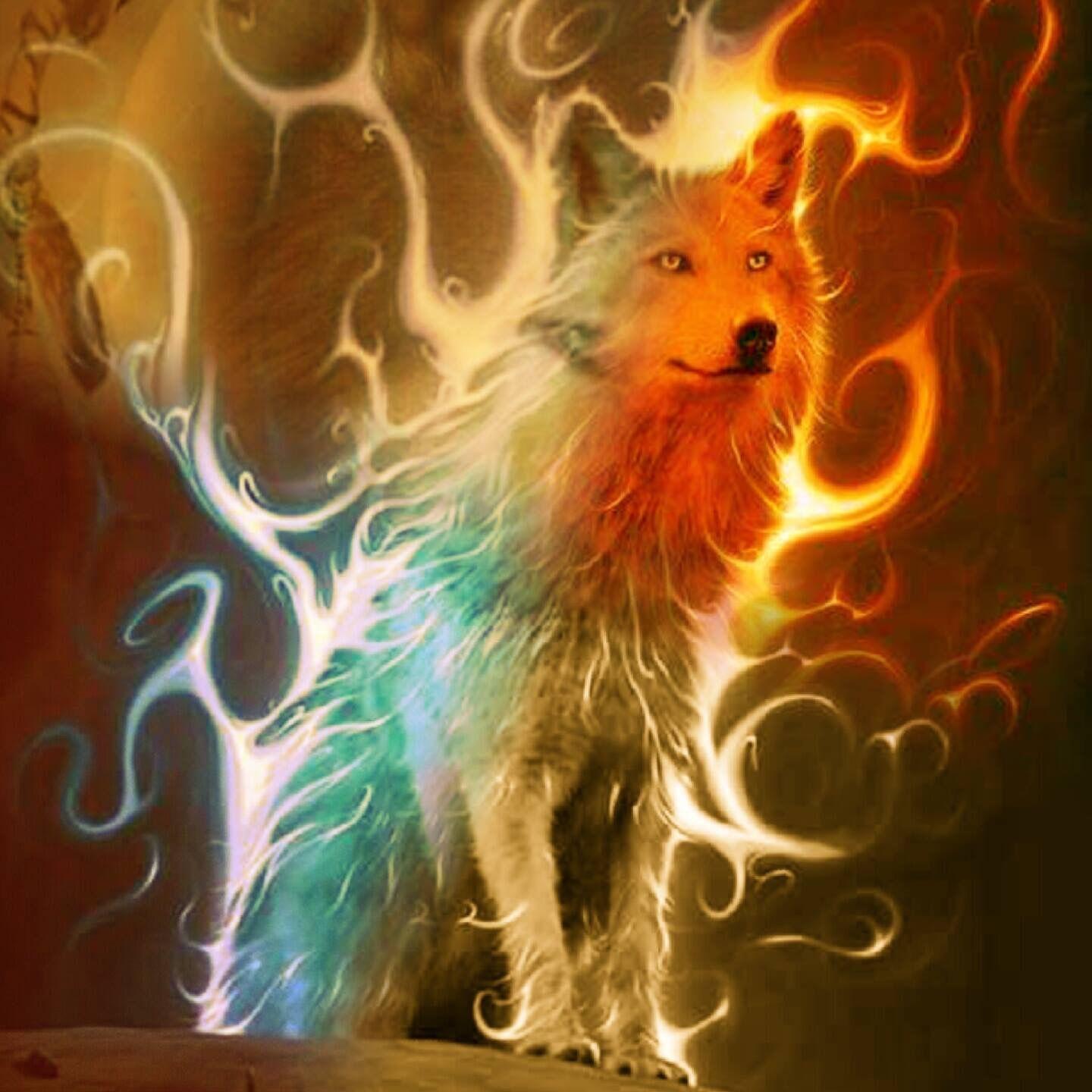 1440x1440 Aqua, Light Yellow & Orange Wolf. Mystical wolf, Fantasy wolf, Wolf dreamcatcher