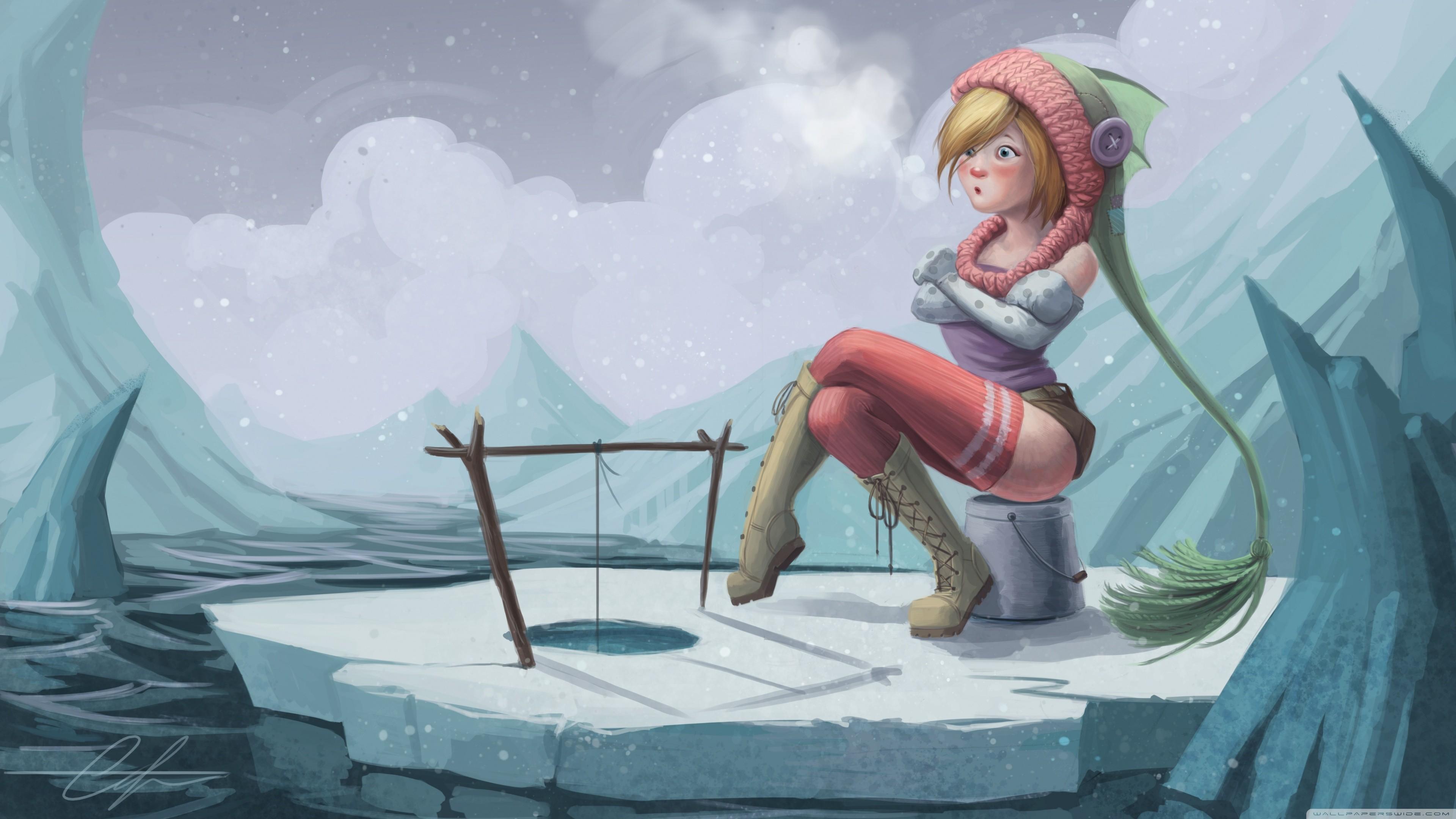 3840x2160 #fishing, #fantasy art, #women, #fantasy girl, #drawing, #winter, wallpaper HD Wallpaper