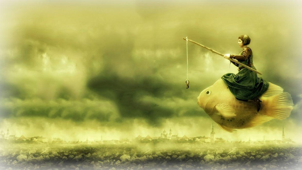 1245x700 Fantasy art artwork artistic pyschedelic fish fishing girl girls wallpaperx1440