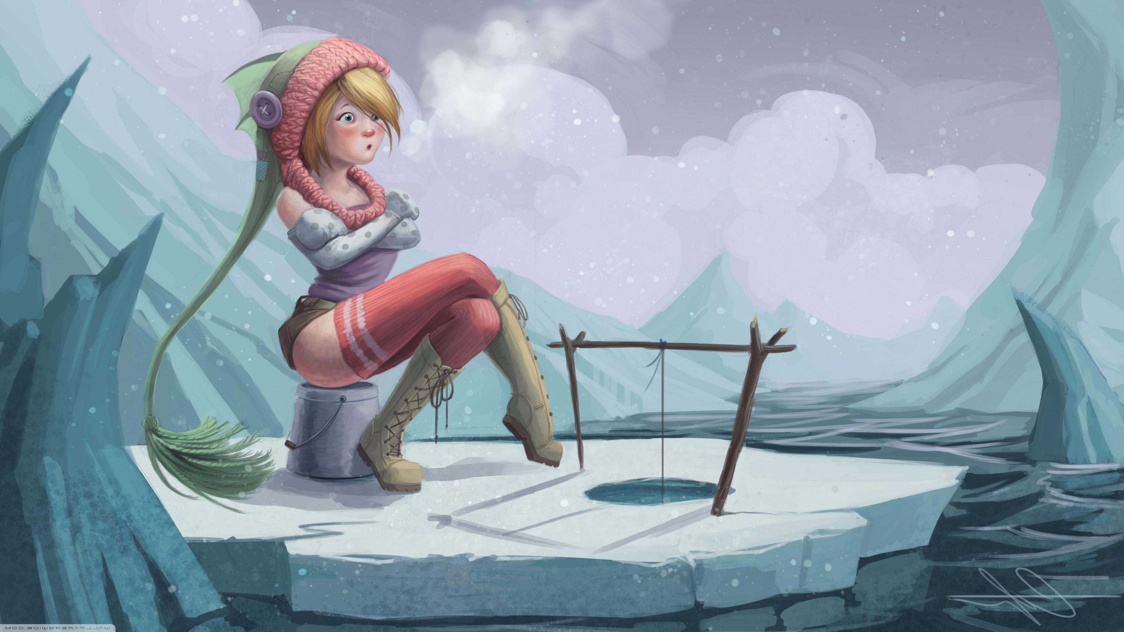 3840x2160 drawing, Fantasy Art, Winter, Women, Fishing Wallpaper HD / Desktop and Mobile Background