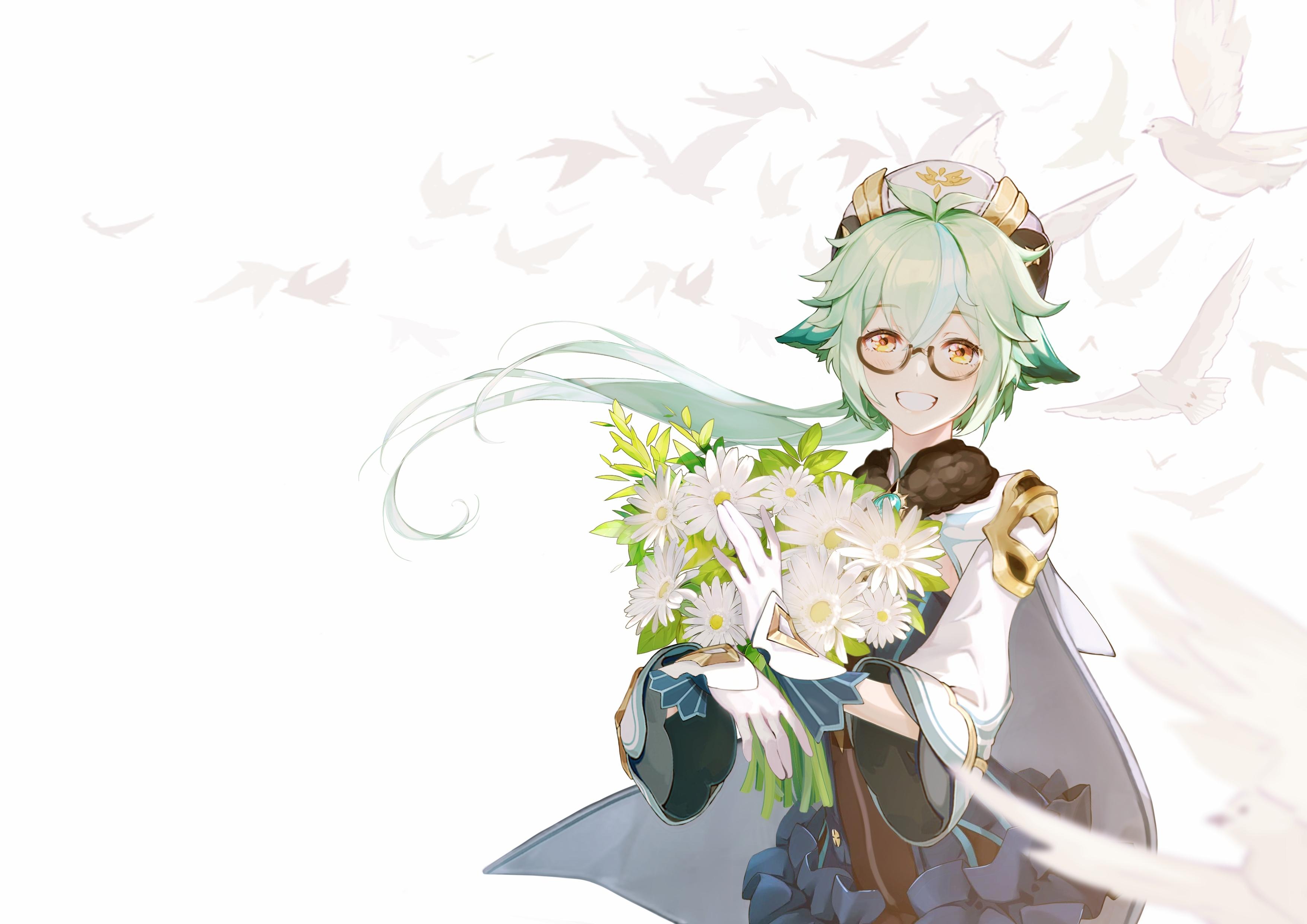 3508x2480 Wallpaper Green Hair, Cute, Big Smile, Anime Games, Sucrose, Meganekko, Genshin Impact:3508x2480