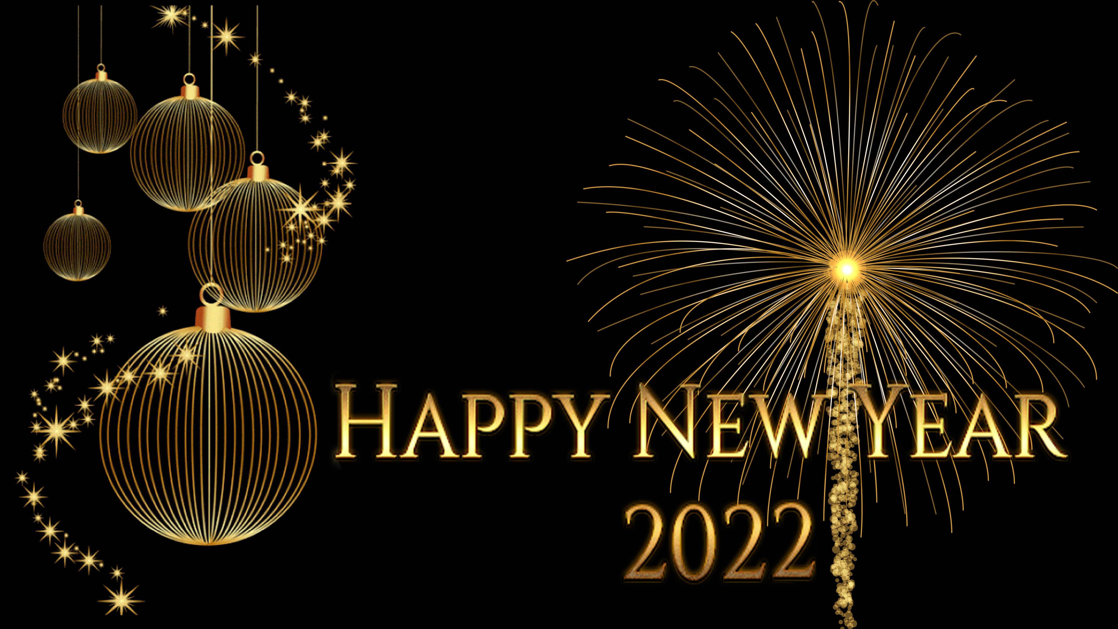3840x2160 Happy New Year 2022 Gold Fireworks Christmas Bulbs Greetings Card For Or Mobile Phones Tablet And Pc 3840x2160 :